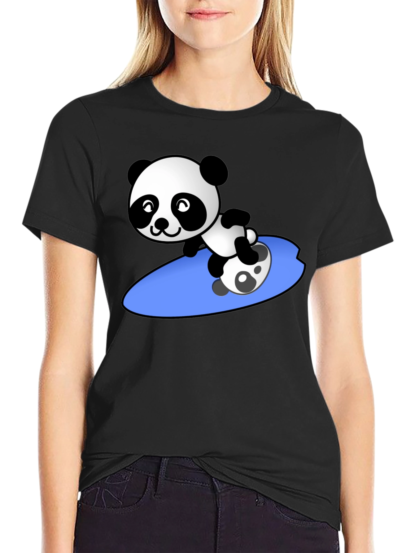Surfing Panda Graphic Tee - Black Crew Neck