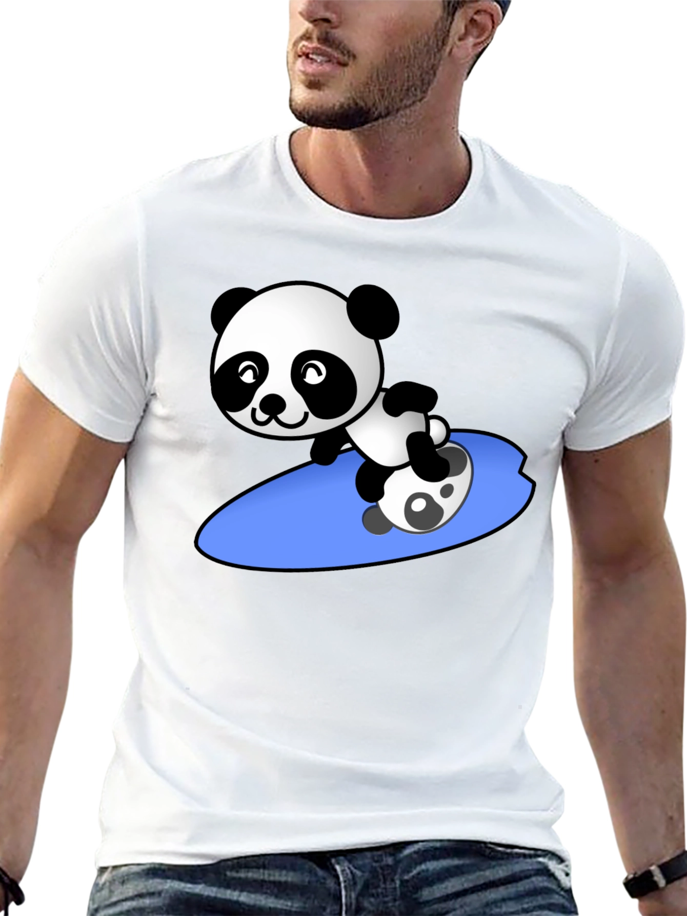 Surfing Panda Graphic Tee - Black Crew Neck