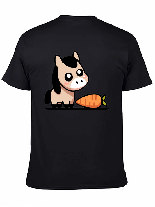 Cute Cartoon Horse with Carrot Black T-Shirt