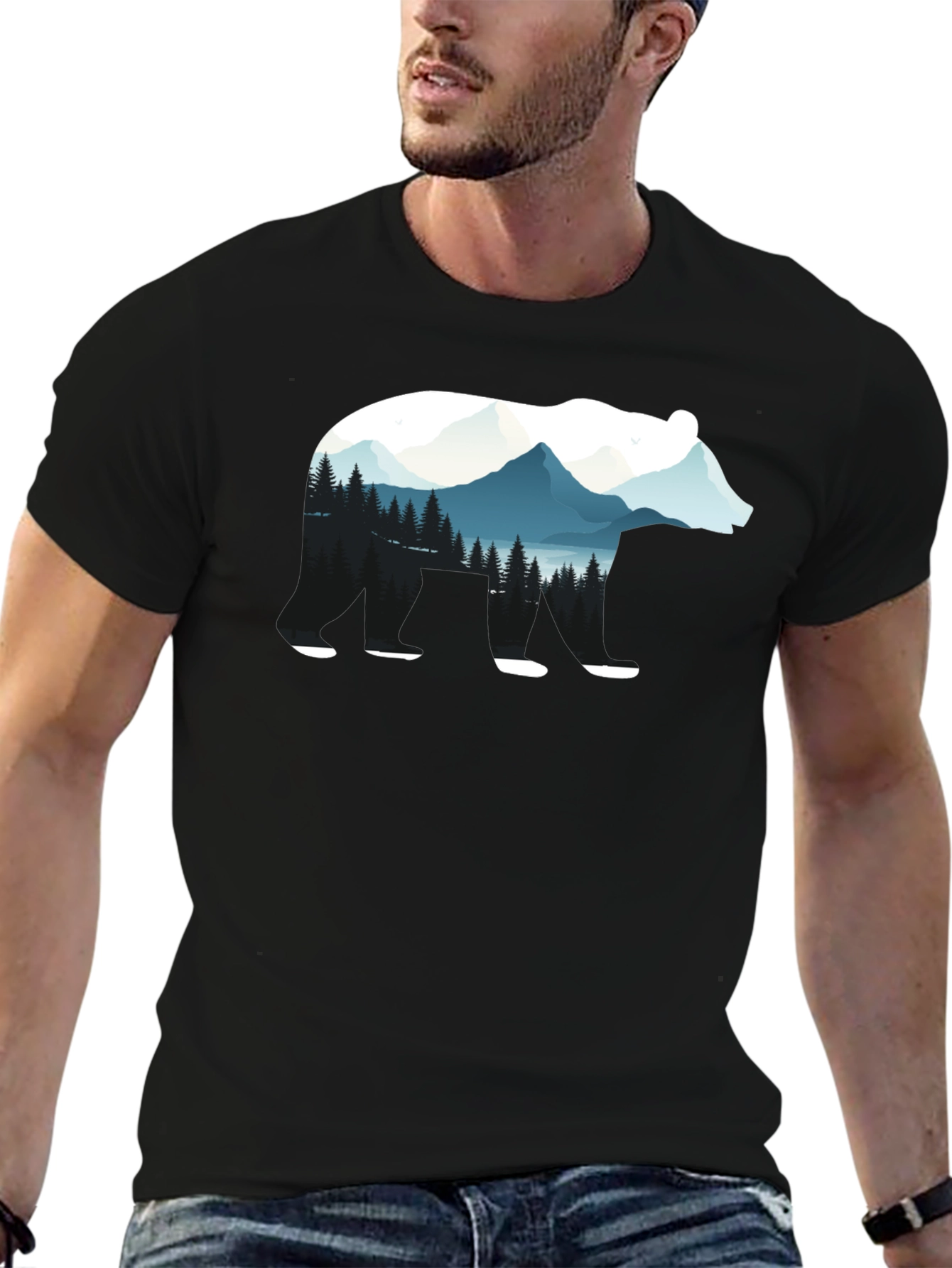 Bear Silhouette Nature Graphic Tee - Black
