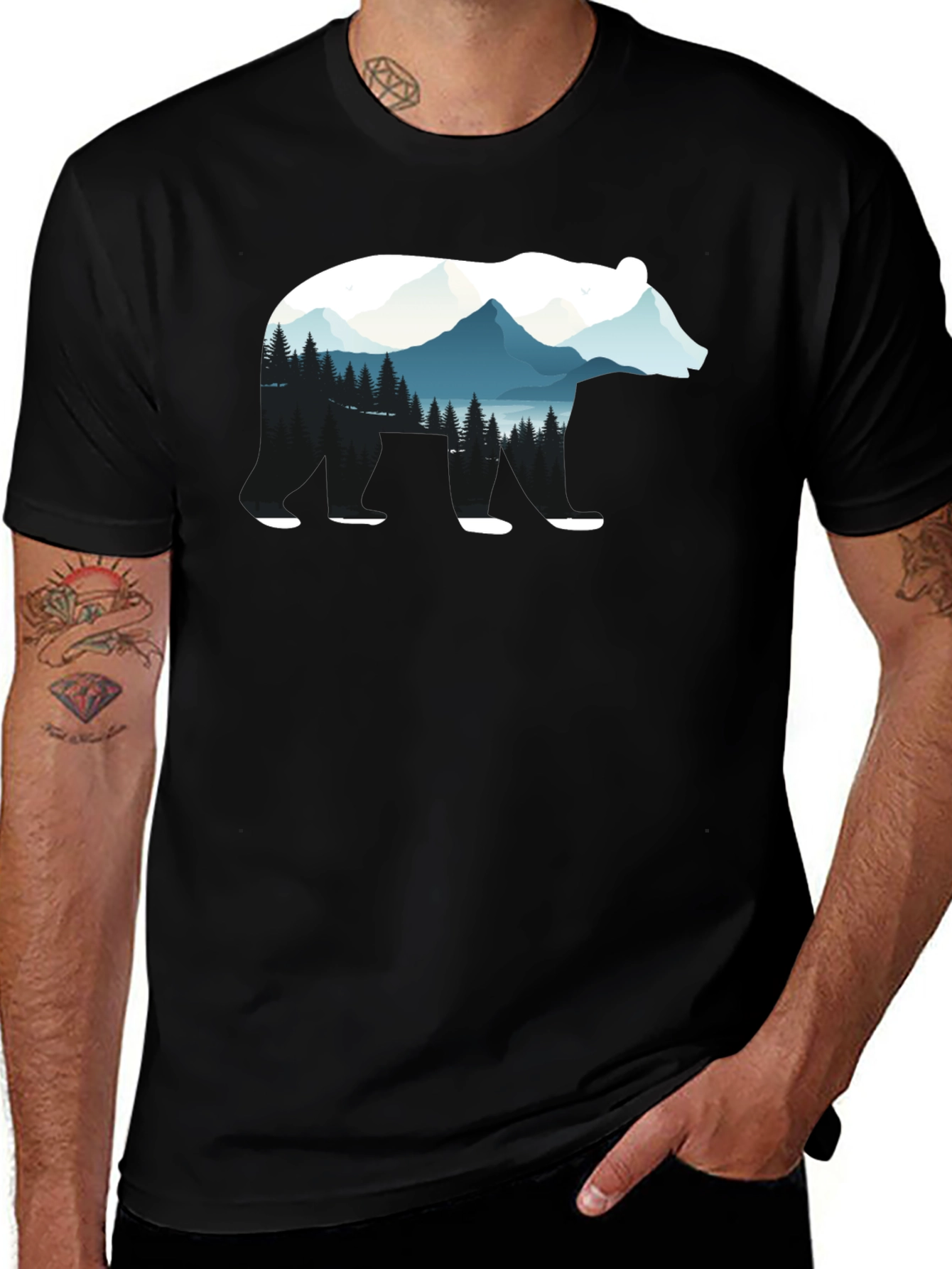 Bear Silhouette Nature Graphic Tee - Black