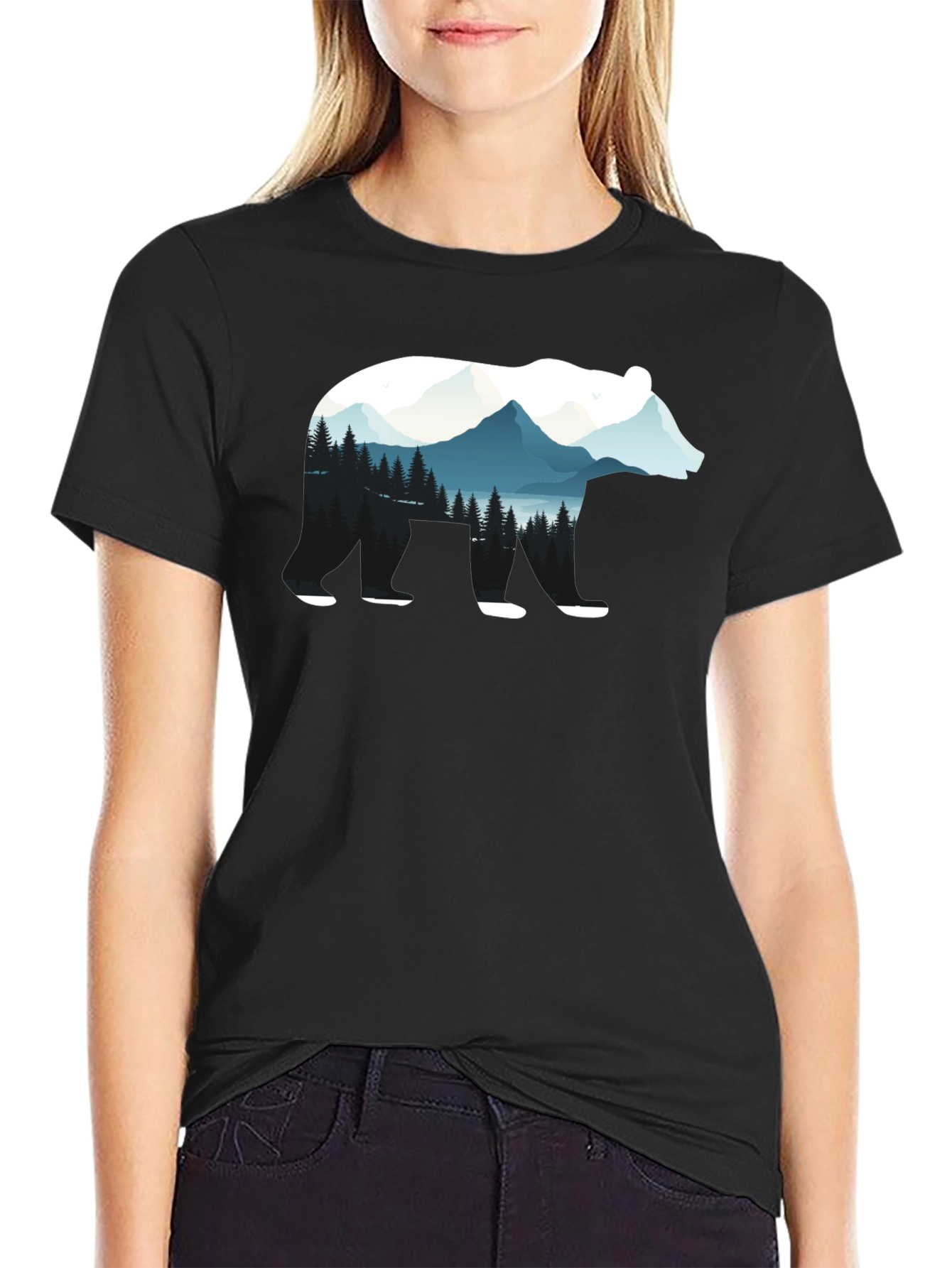 Bear Silhouette Nature Graphic Tee - Black