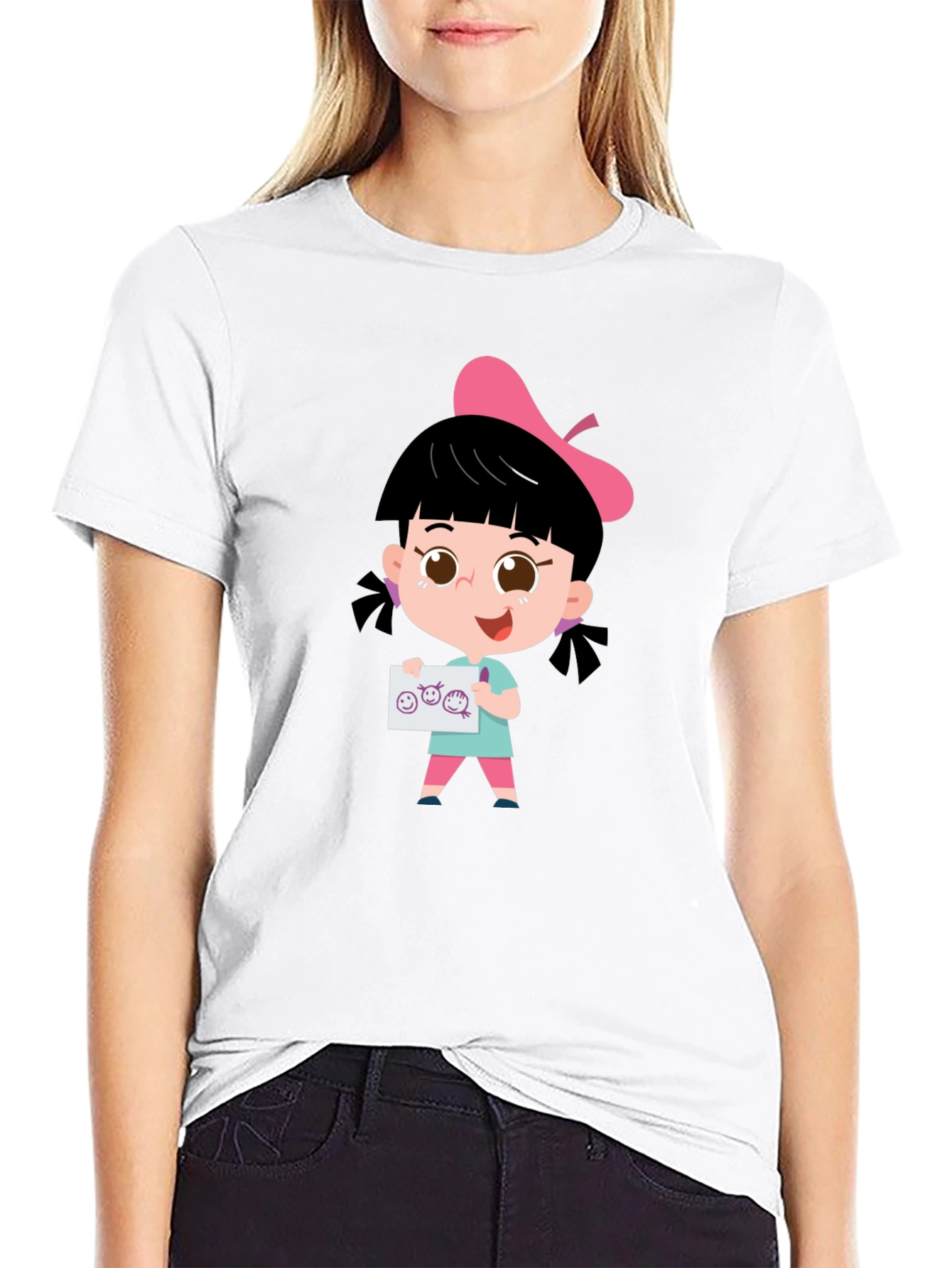 Cute Cartoon Girl Black T-Shirt