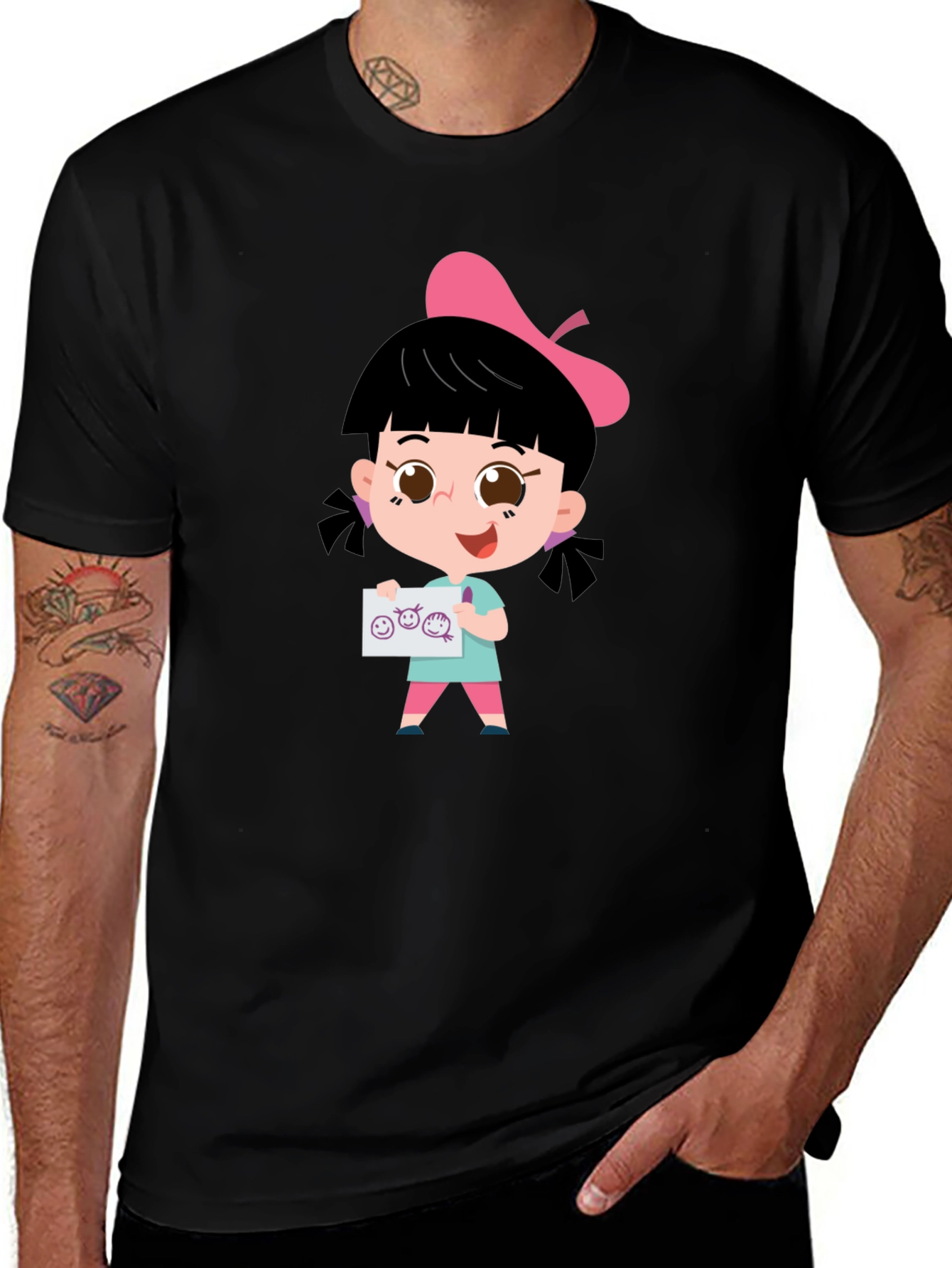 Cute Cartoon Girl Black T-Shirt