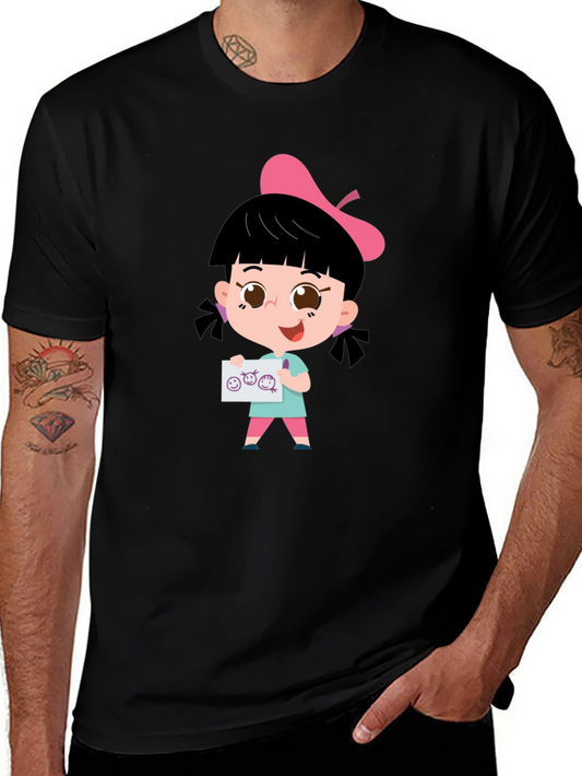 Cute Cartoon Girl Black T-Shirt