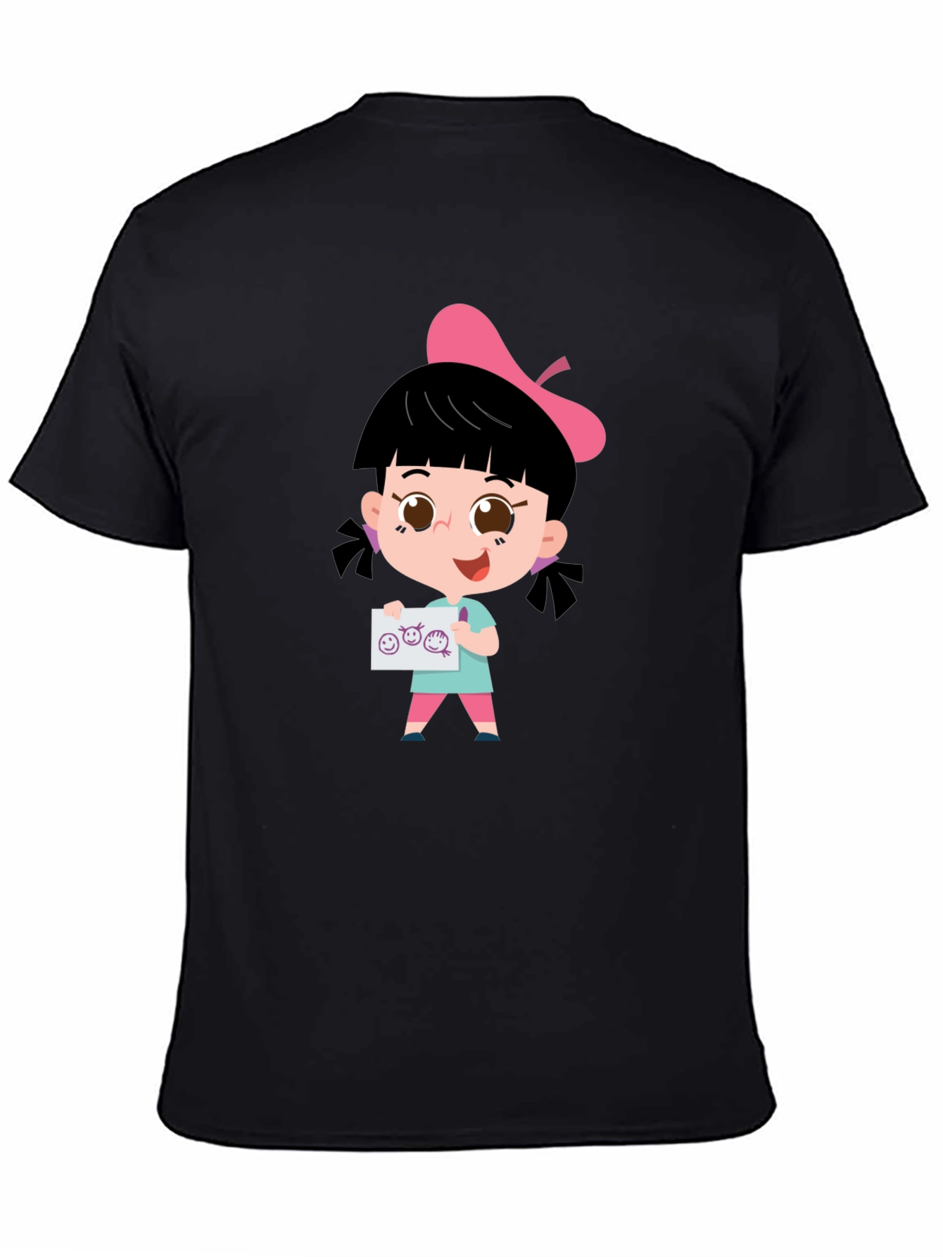 Cute Cartoon Girl Black T-Shirt