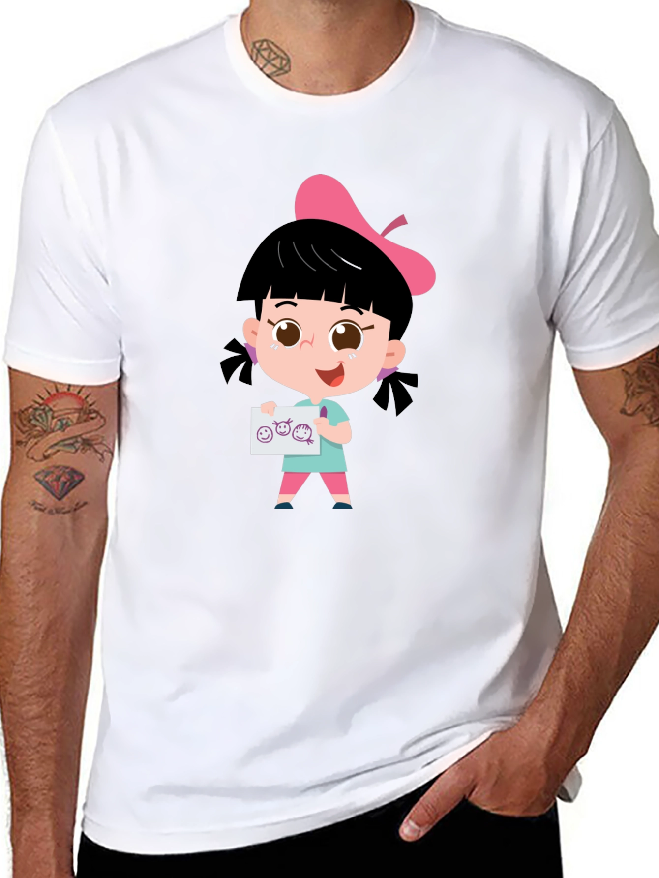 Cute Cartoon Girl Black T-Shirt