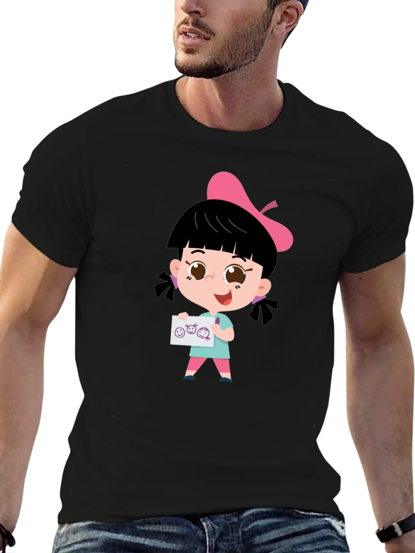 Cute Cartoon Girl Black T-Shirt