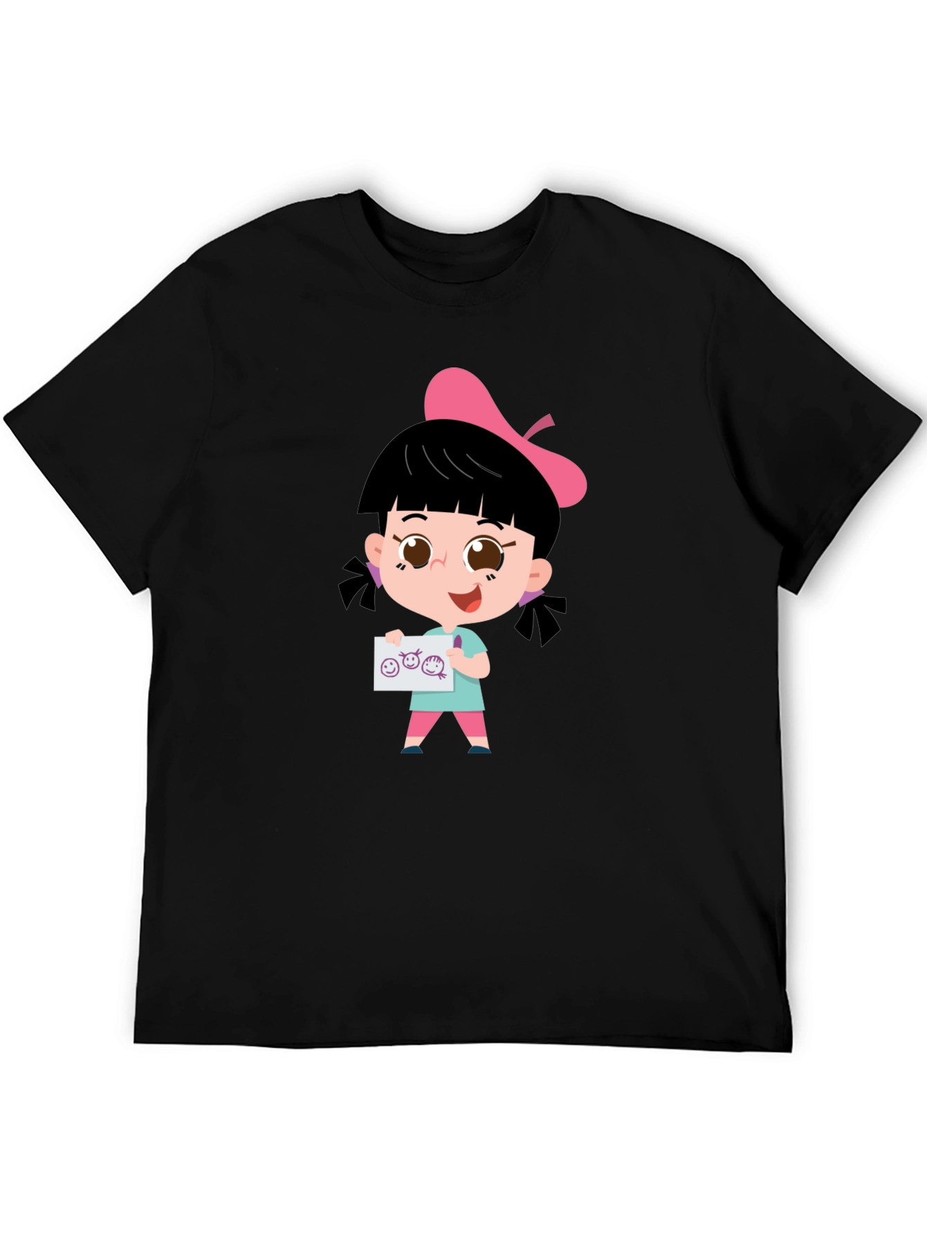Cute Cartoon Girl Black T-Shirt