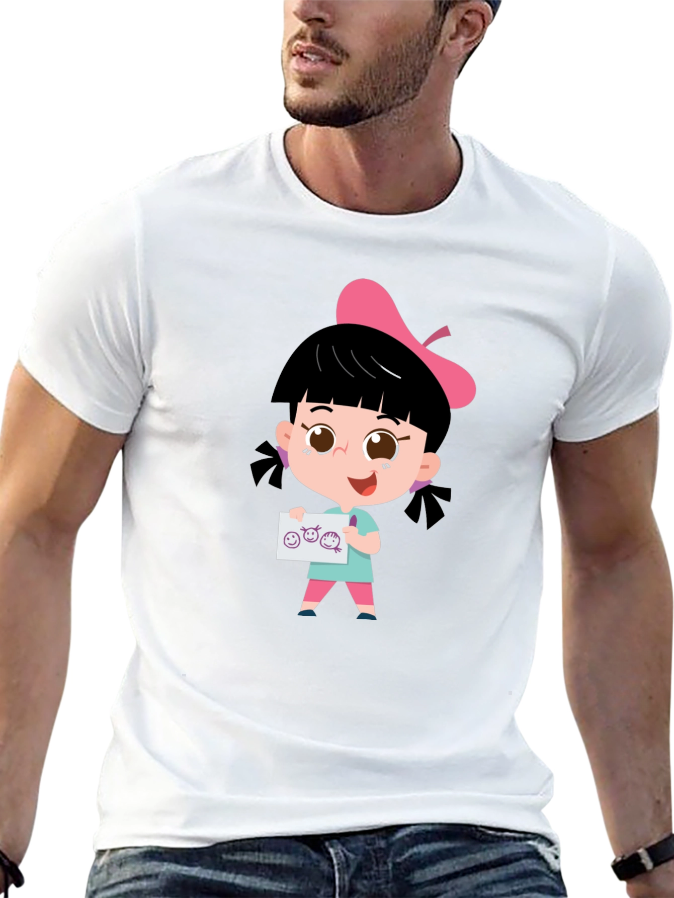Cute Cartoon Girl Black T-Shirt