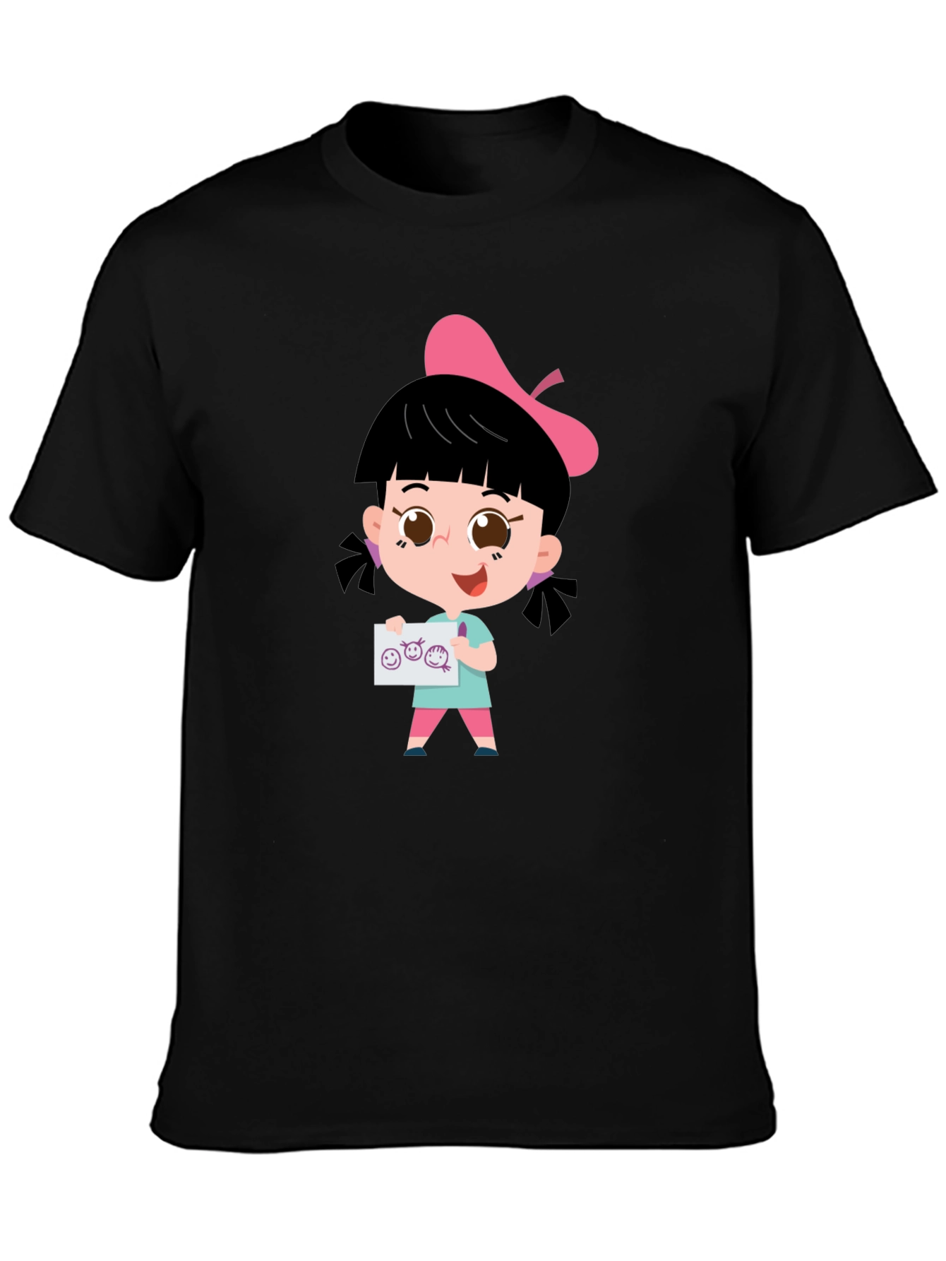 Cute Cartoon Girl Black T-Shirt