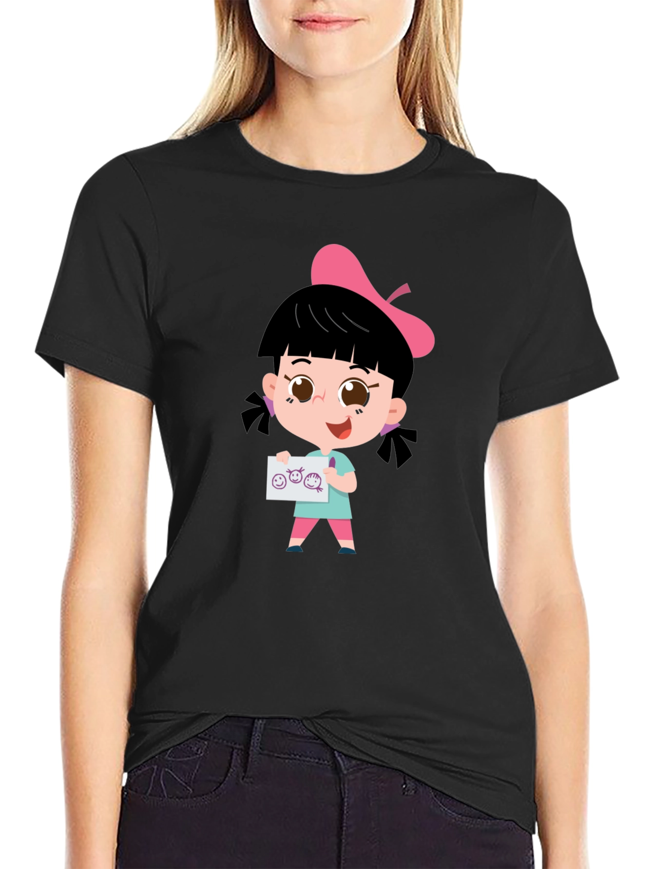 Cute Cartoon Girl Black T-Shirt