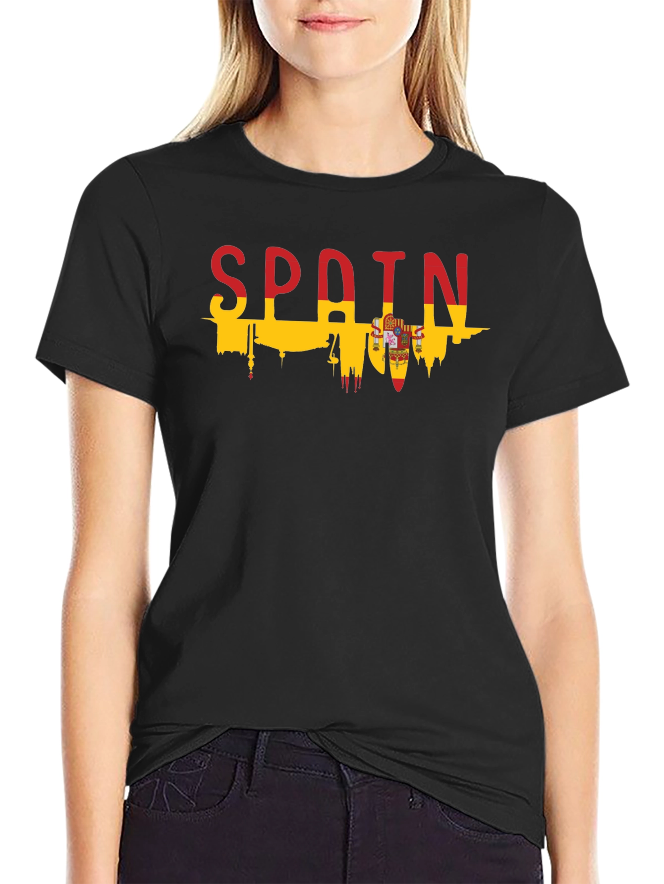 Spain Flag Skyline Graphic T-Shirt - Black