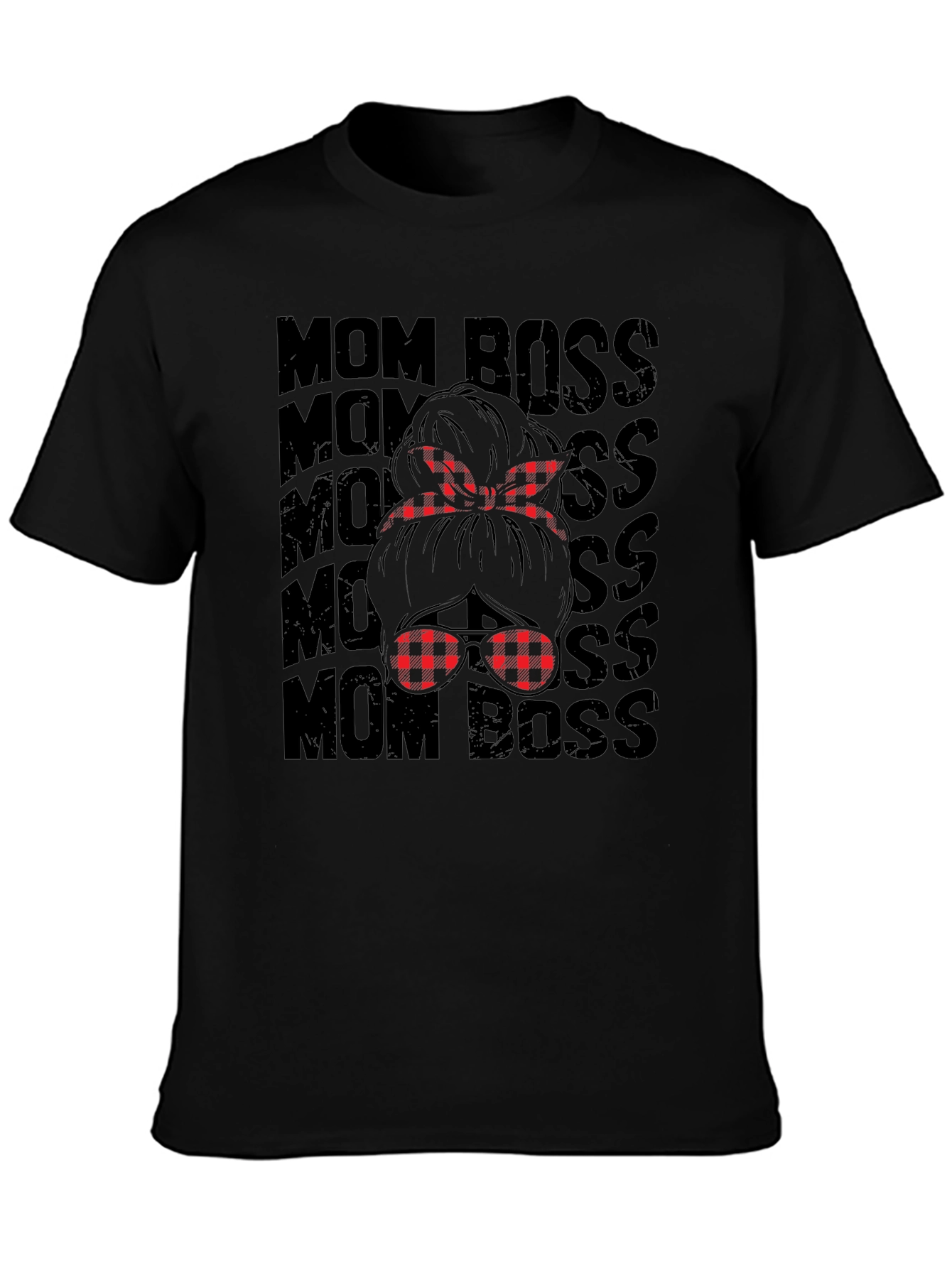 Mom Boss Graphic Tee - Plaid Messy Bun Design