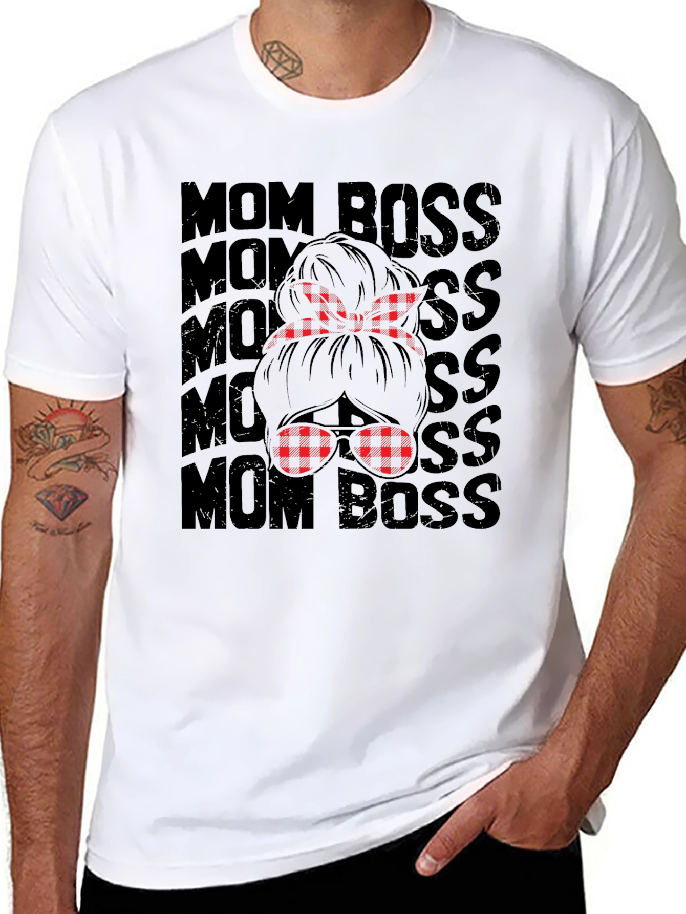 Mom Boss Graphic Tee - Plaid Messy Bun Design