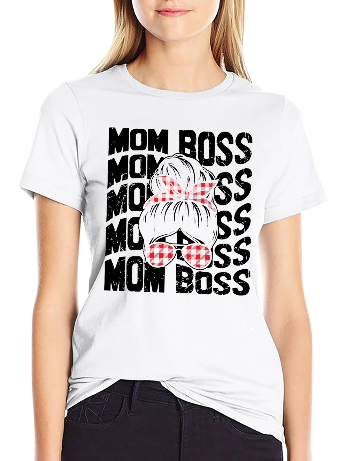 Mom Boss Graphic Tee - Plaid Messy Bun Design
