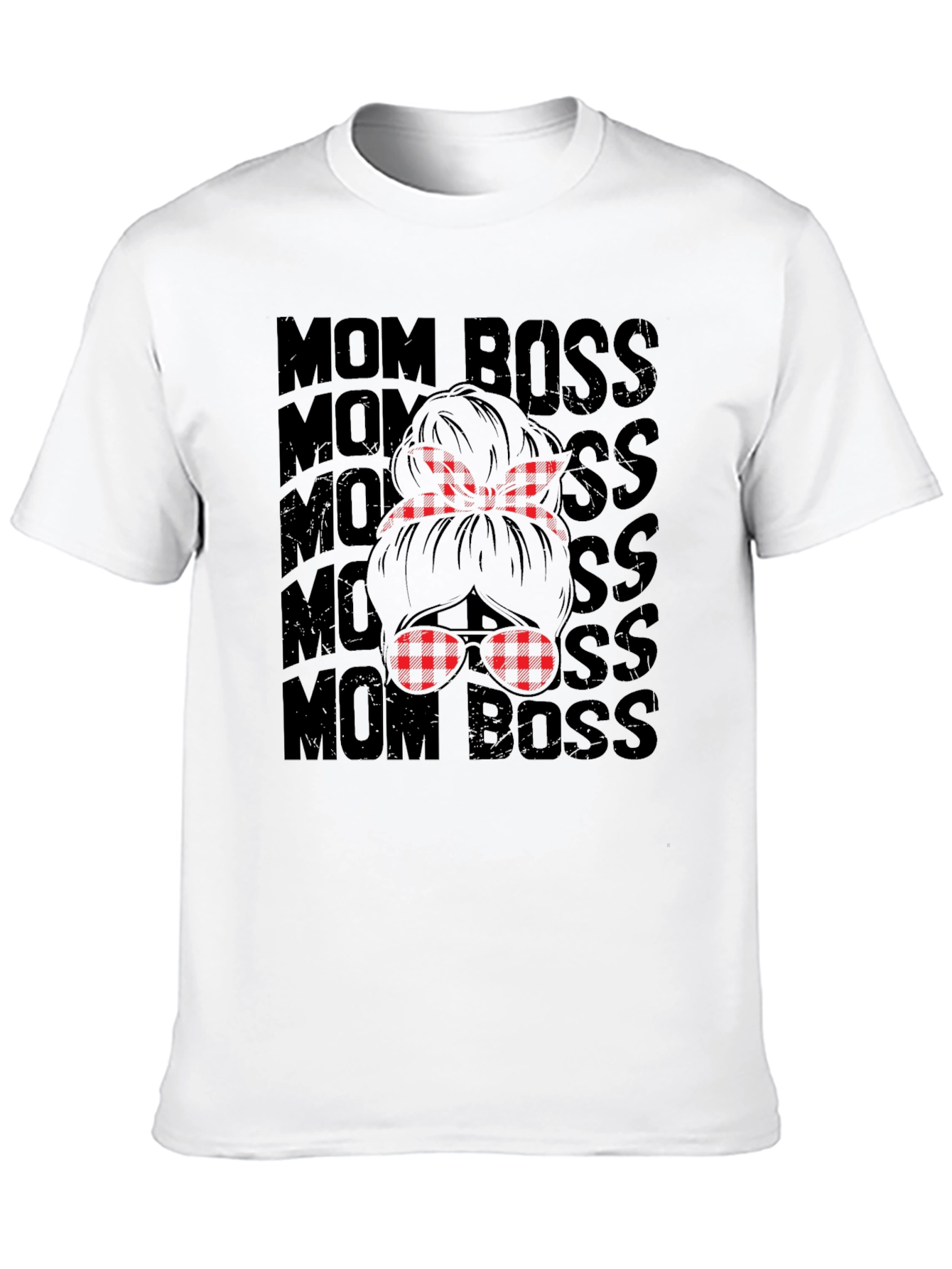 Mom Boss Graphic Tee - Plaid Messy Bun Design
