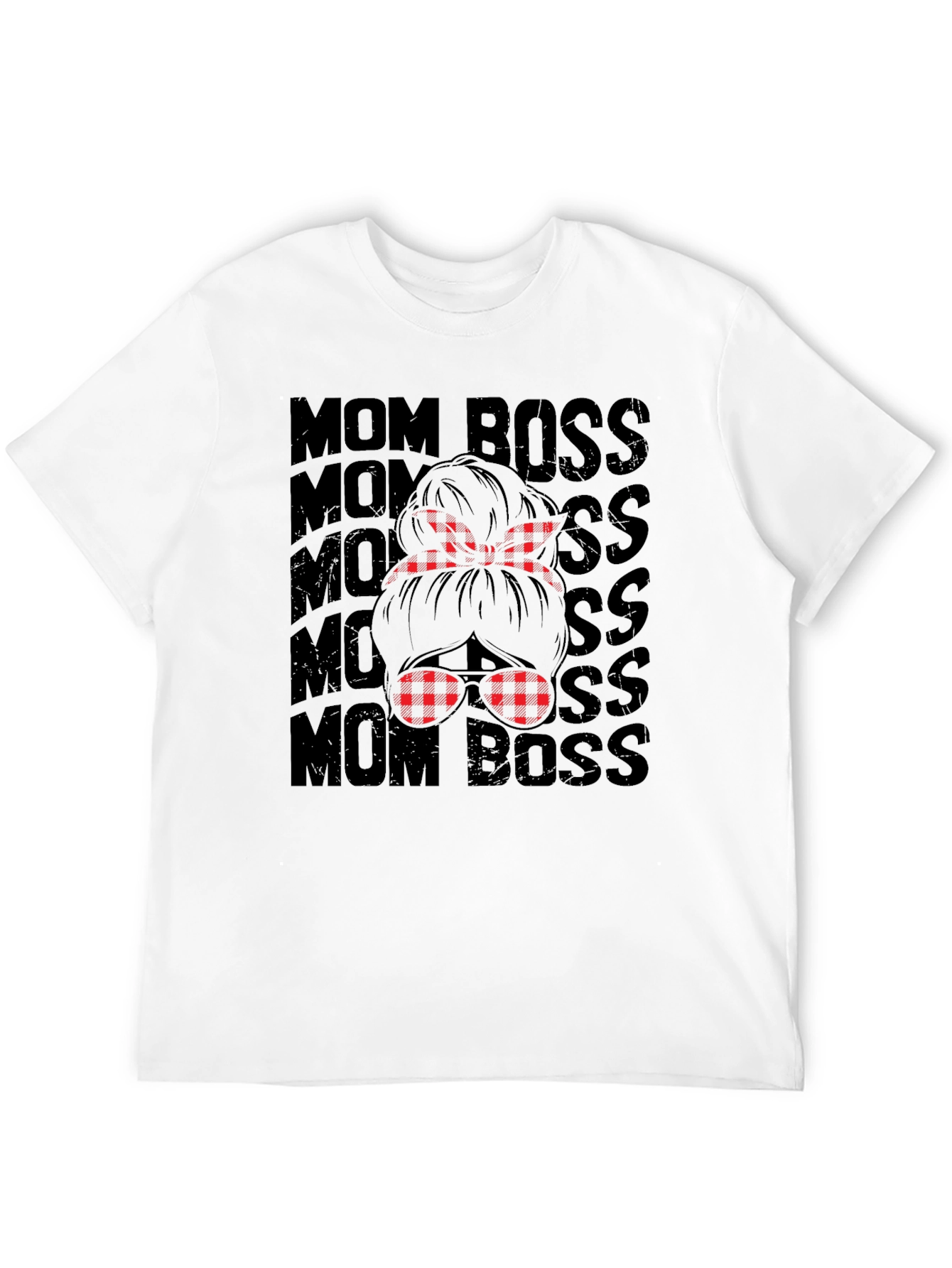 Mom Boss Graphic Tee - Plaid Messy Bun Design