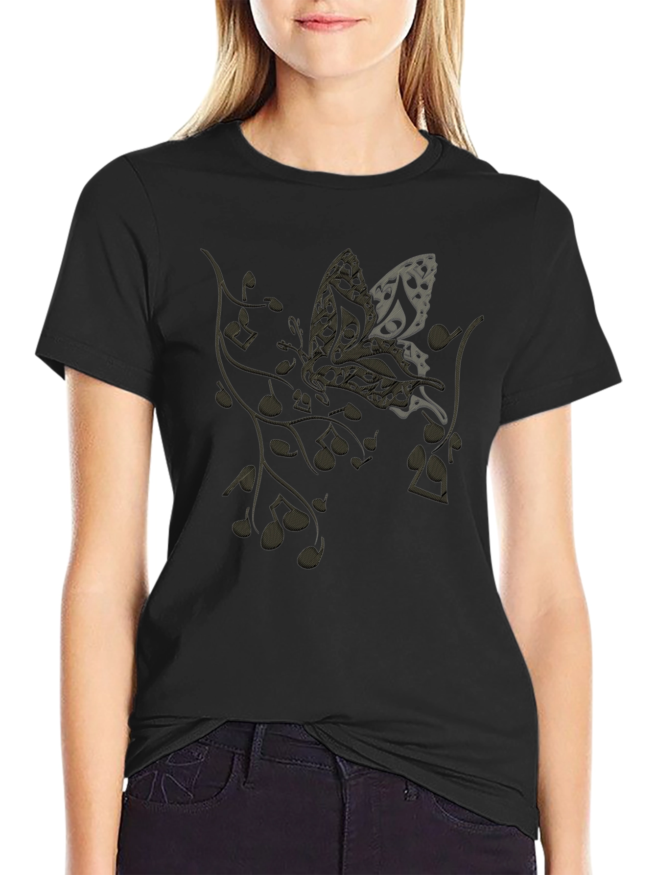 Musical Butterfly Graphic Tee - Black Casual T-Shirt