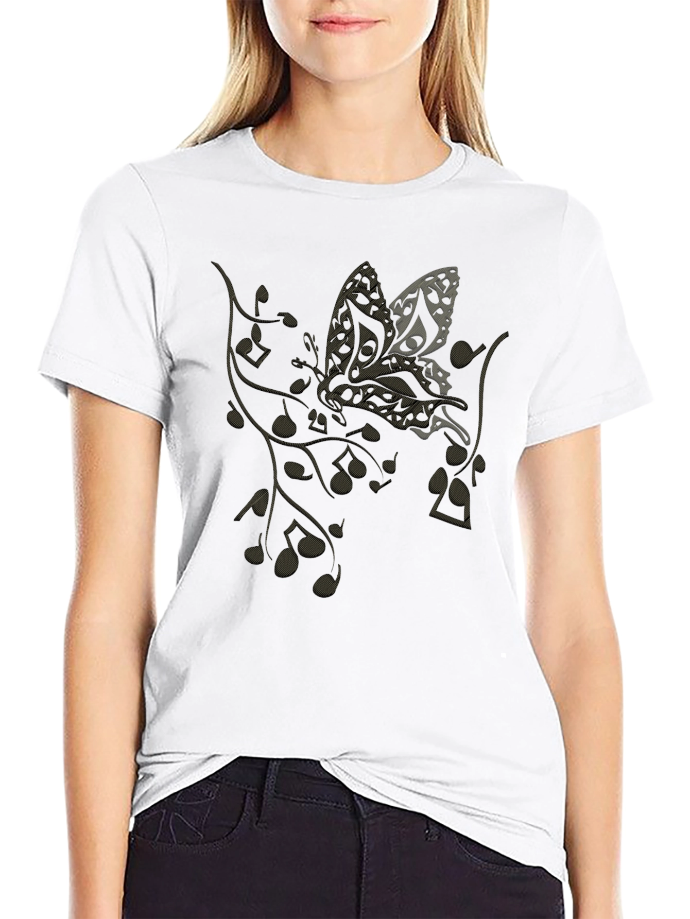 Musical Butterfly Graphic Tee - Black Casual T-Shirt