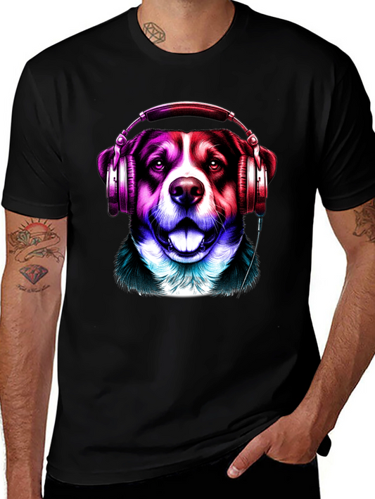 Dog with Headphones Graphic Tee - Mens Black T-Shirt
