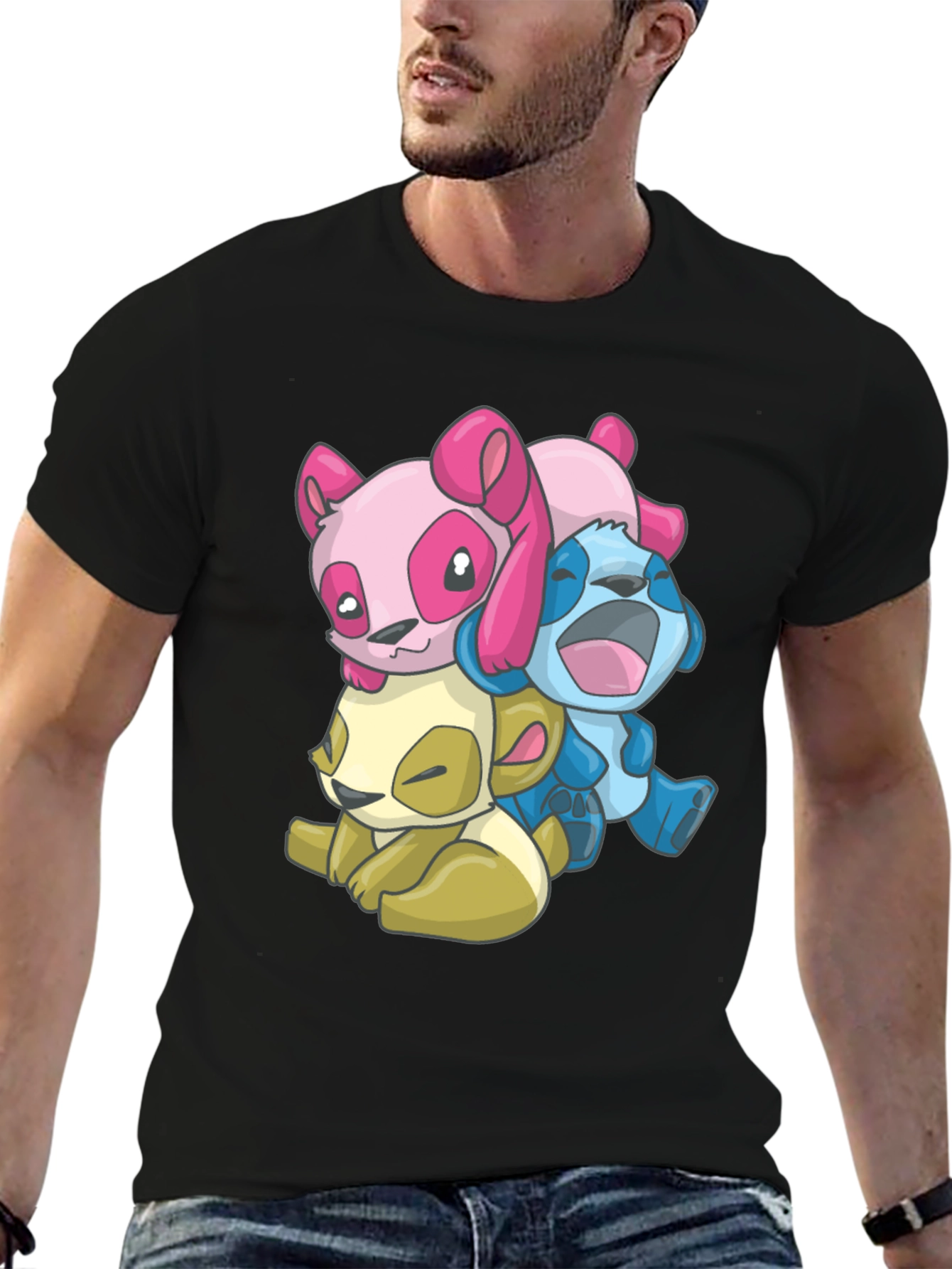 Cartoon Animal Stack Black T-Shirt