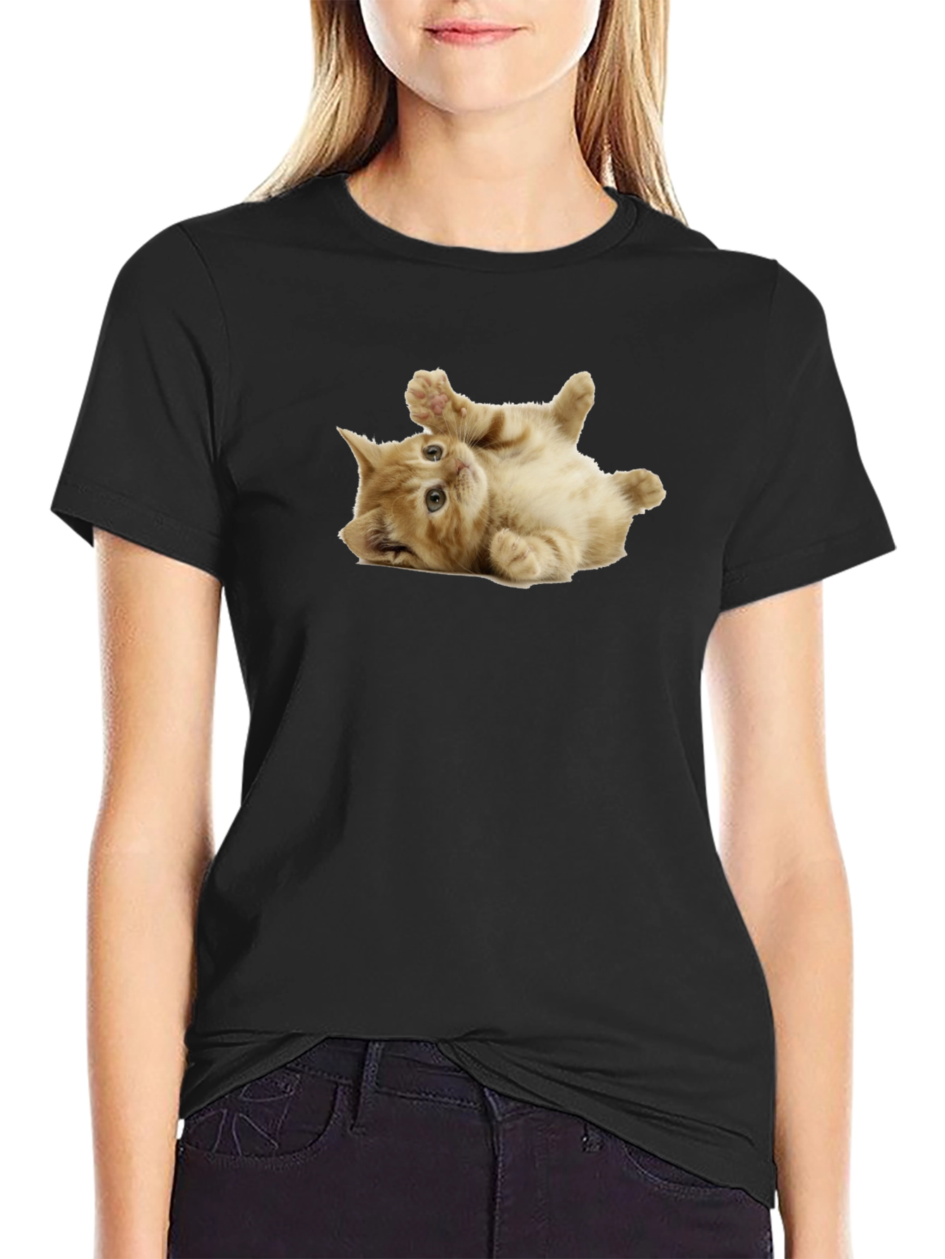 Playful Kitten Graphic Black T-Shirt