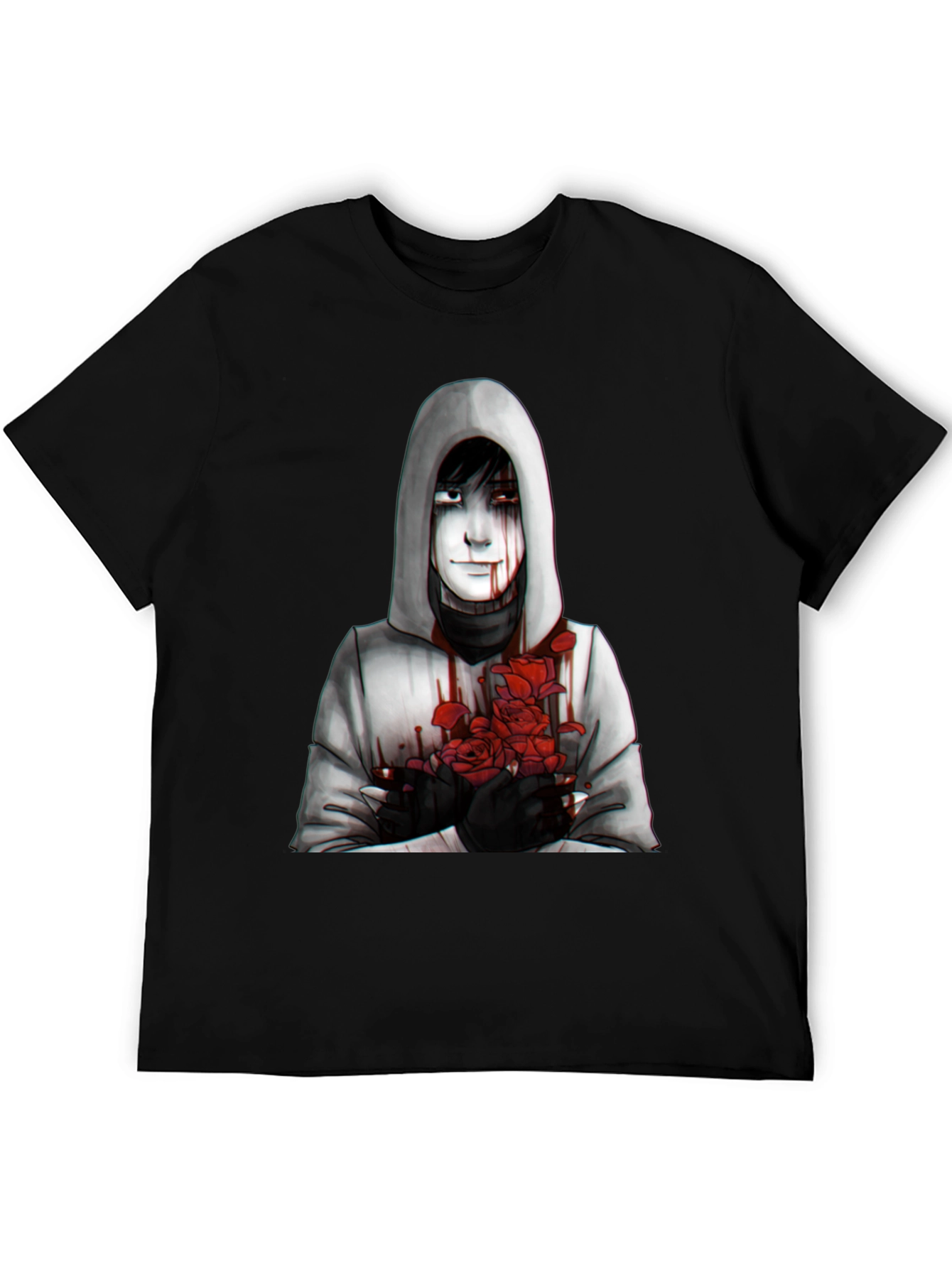 Hooded Figure with Roses Graphic Tee - Dark Aesthetic