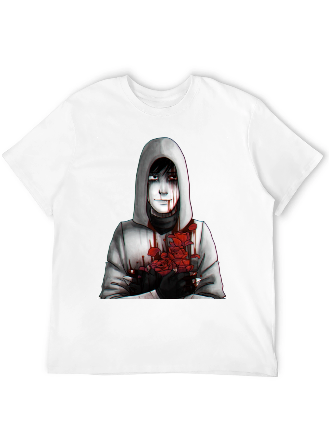 Hooded Figure with Roses Graphic Tee - Dark Aesthetic