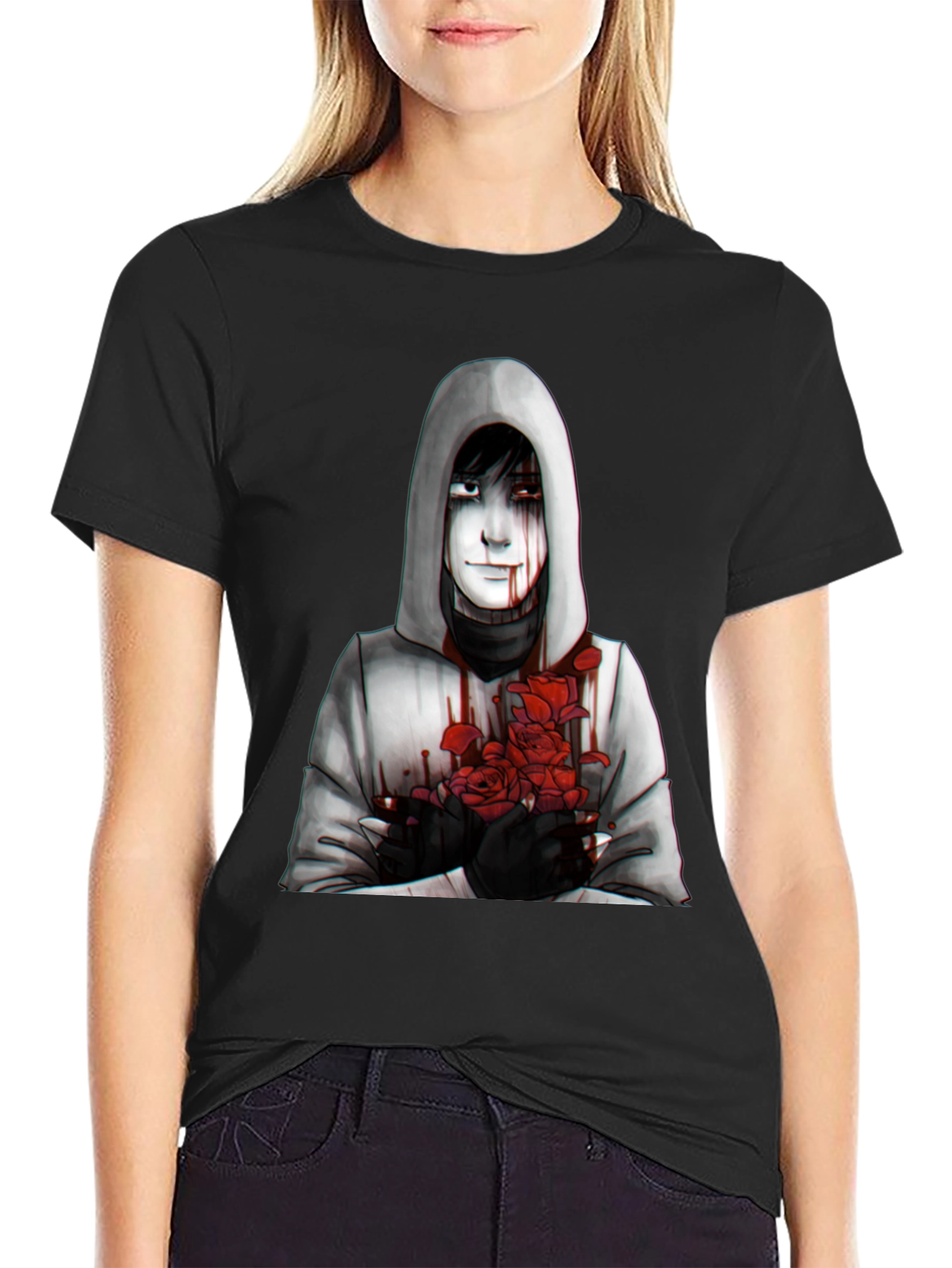 Hooded Figure with Roses Graphic Tee - Dark Aesthetic
