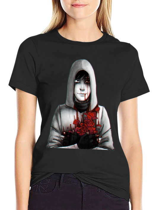 Hooded Figure with Roses Graphic Tee - Dark Aesthetic