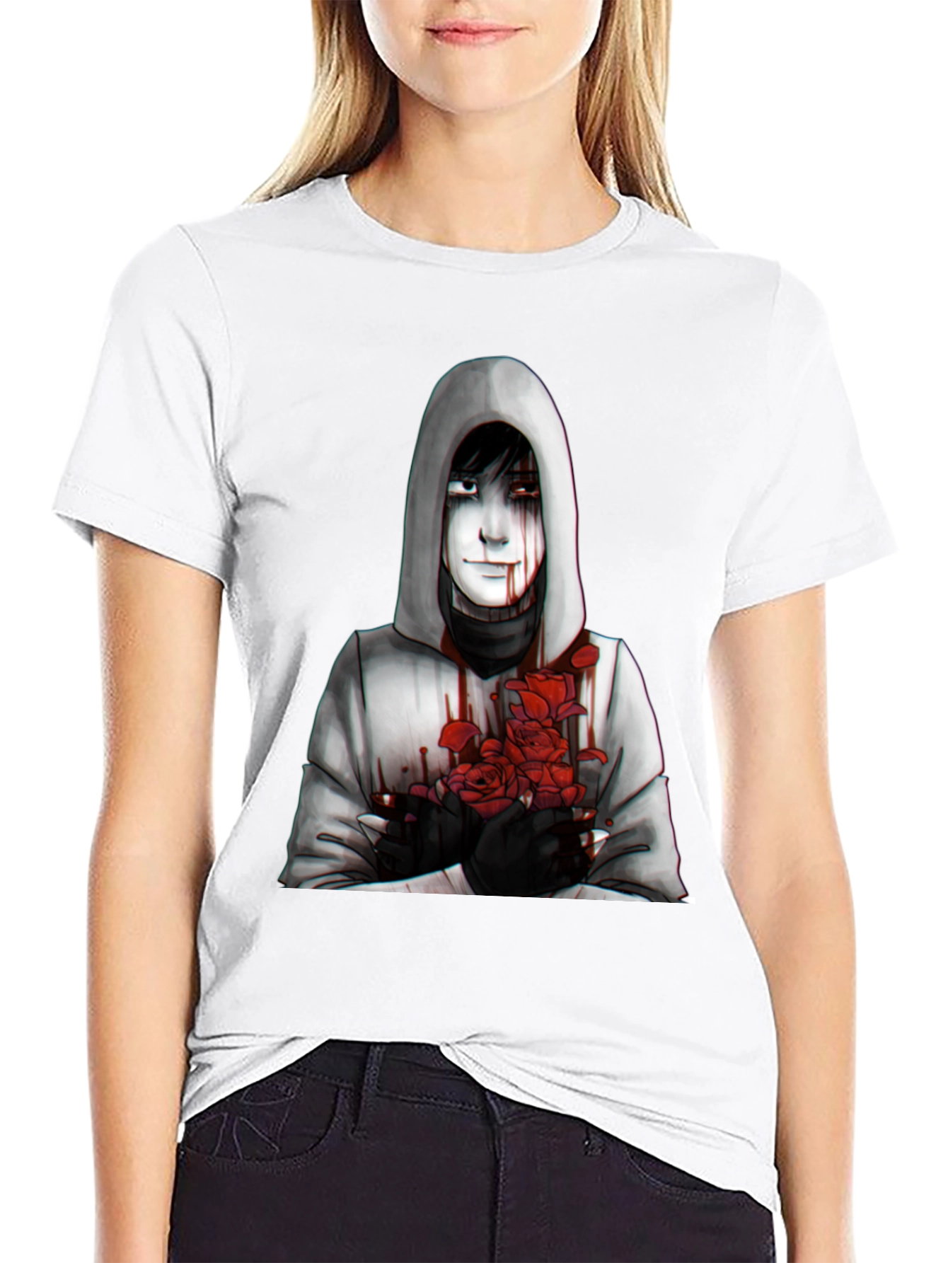 Hooded Figure with Roses Graphic Tee - Dark Aesthetic