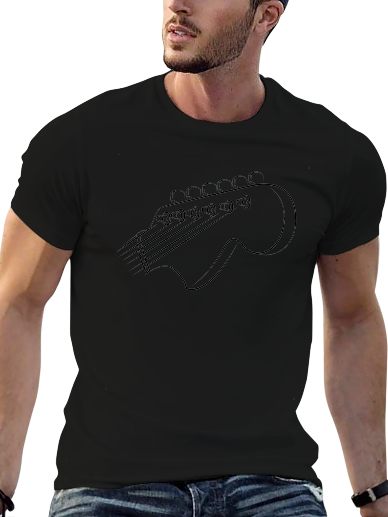 Guitar Headstock Outline T-Shirt - Black
