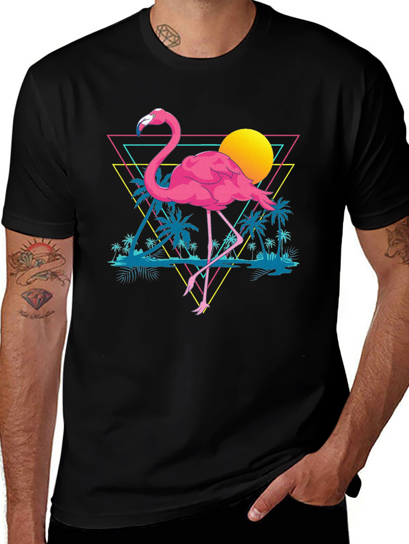Retro Flamingo T-Shirt - Black Cotton Graphic Tee