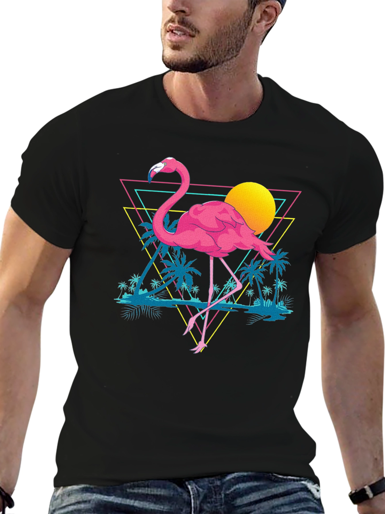 Retro Flamingo T-Shirt - Black Cotton Graphic Tee