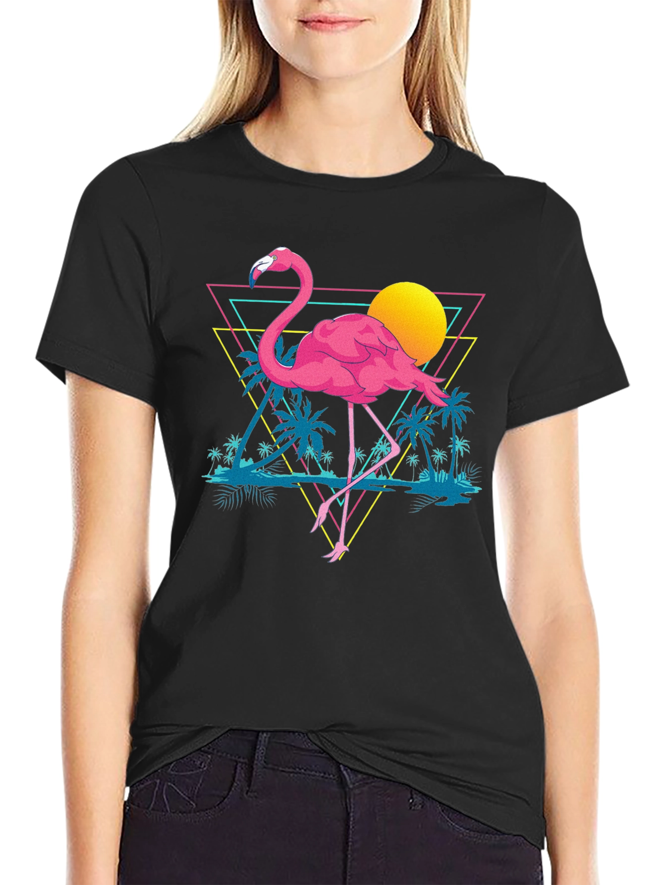 Retro Flamingo T-Shirt - Black Cotton Graphic Tee