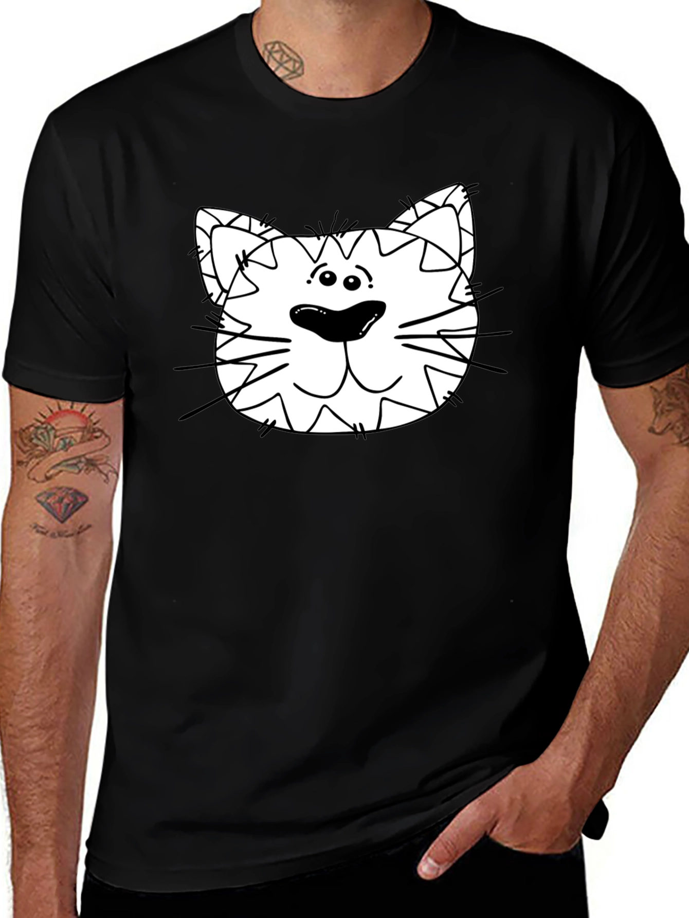 Cat Face Graphic Black T-Shirt - Mens Fashion