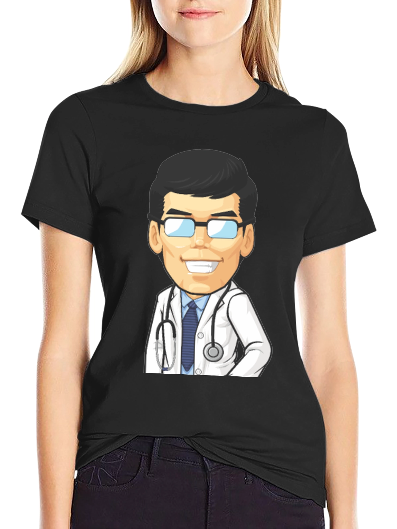 Cartoon Doctor Graphic Tee - Black