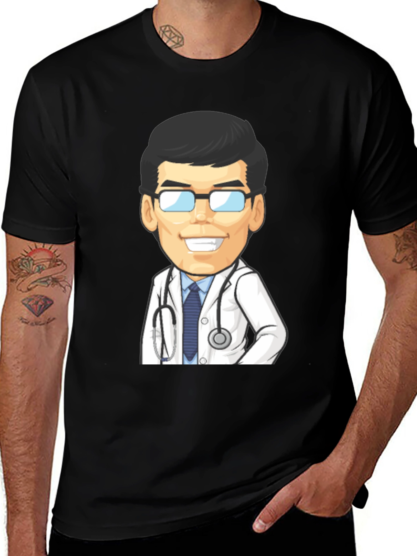 Cartoon Doctor Graphic Tee - Black