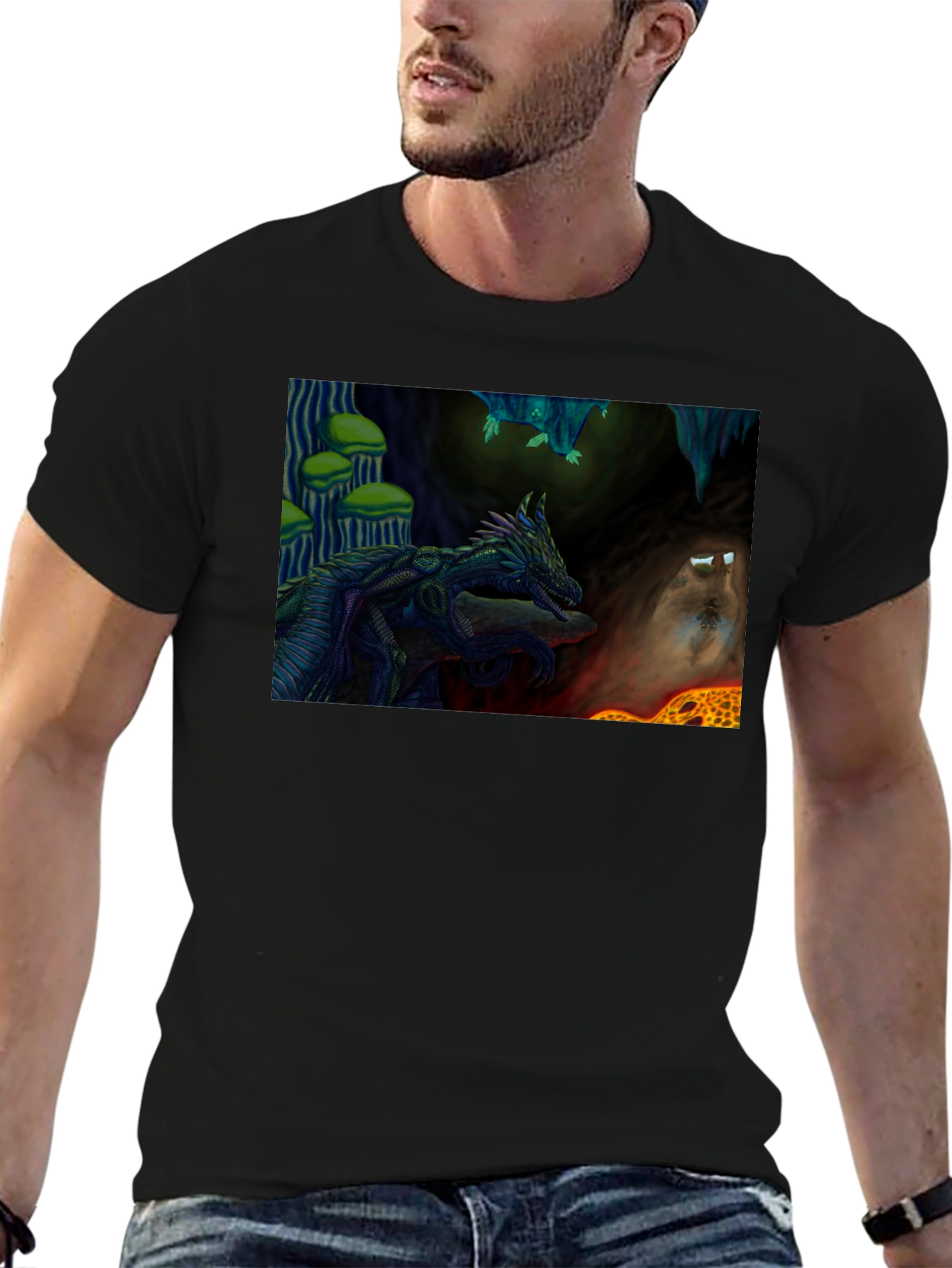 Dragon Cave Graphic Tee - Black Cotton T-Shirt
