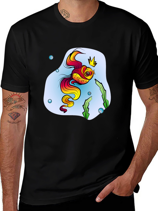Cartoon Fish King Mens Black T-Shirt