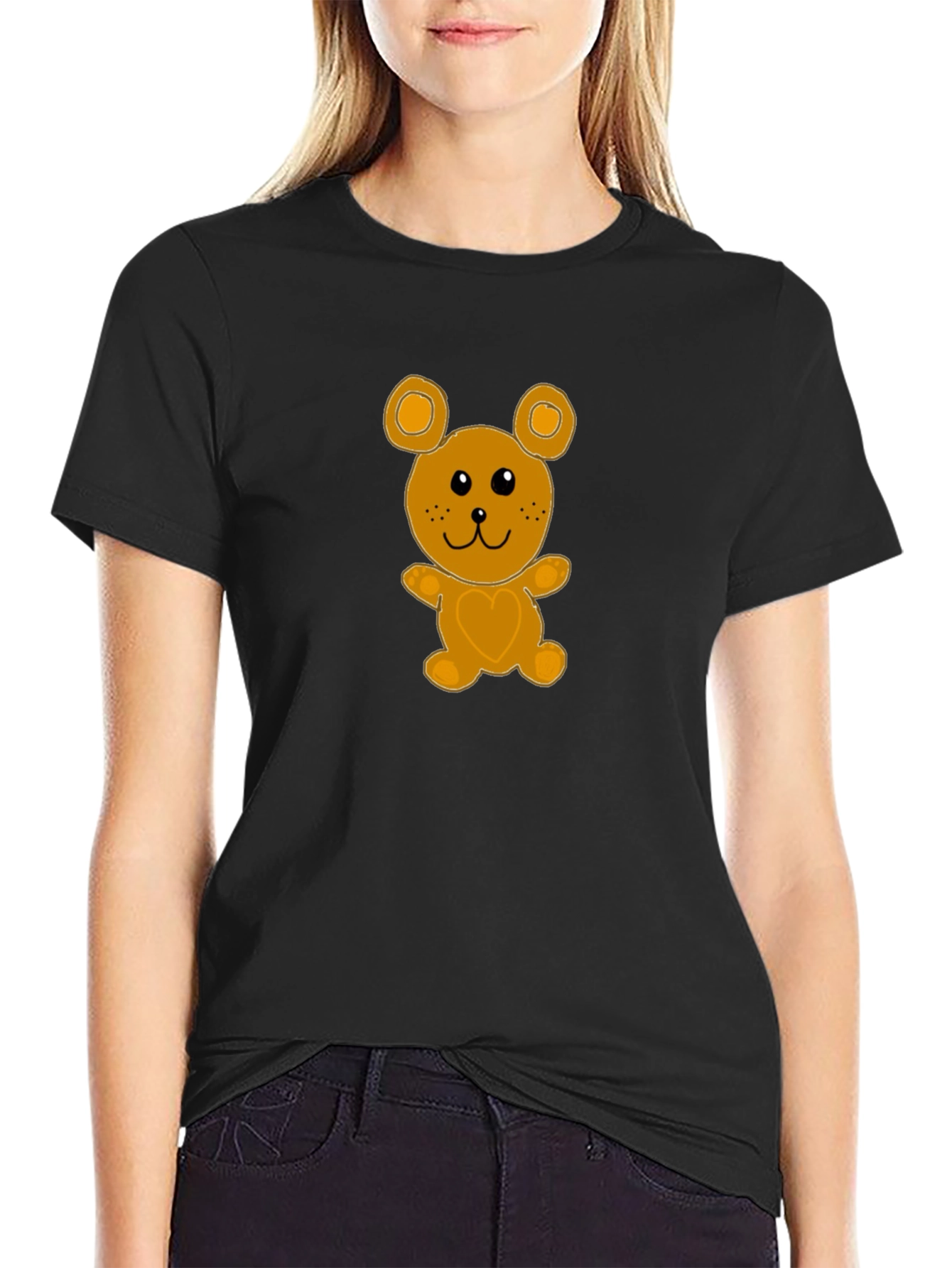 Cute Cartoon Bear Graphic Tee - Black Cotton T-Shirt