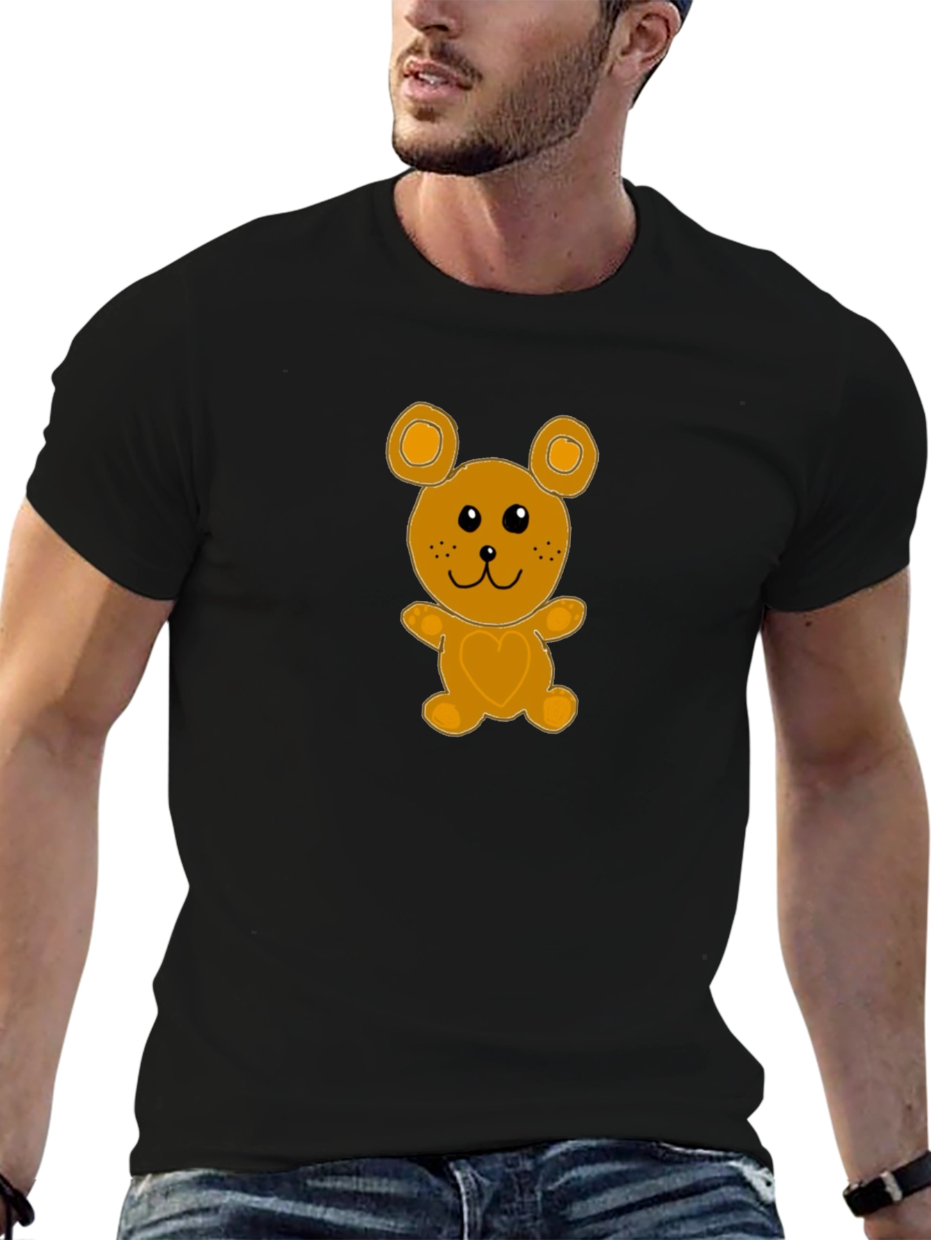 Cute Cartoon Bear Graphic Tee - Black Cotton T-Shirt