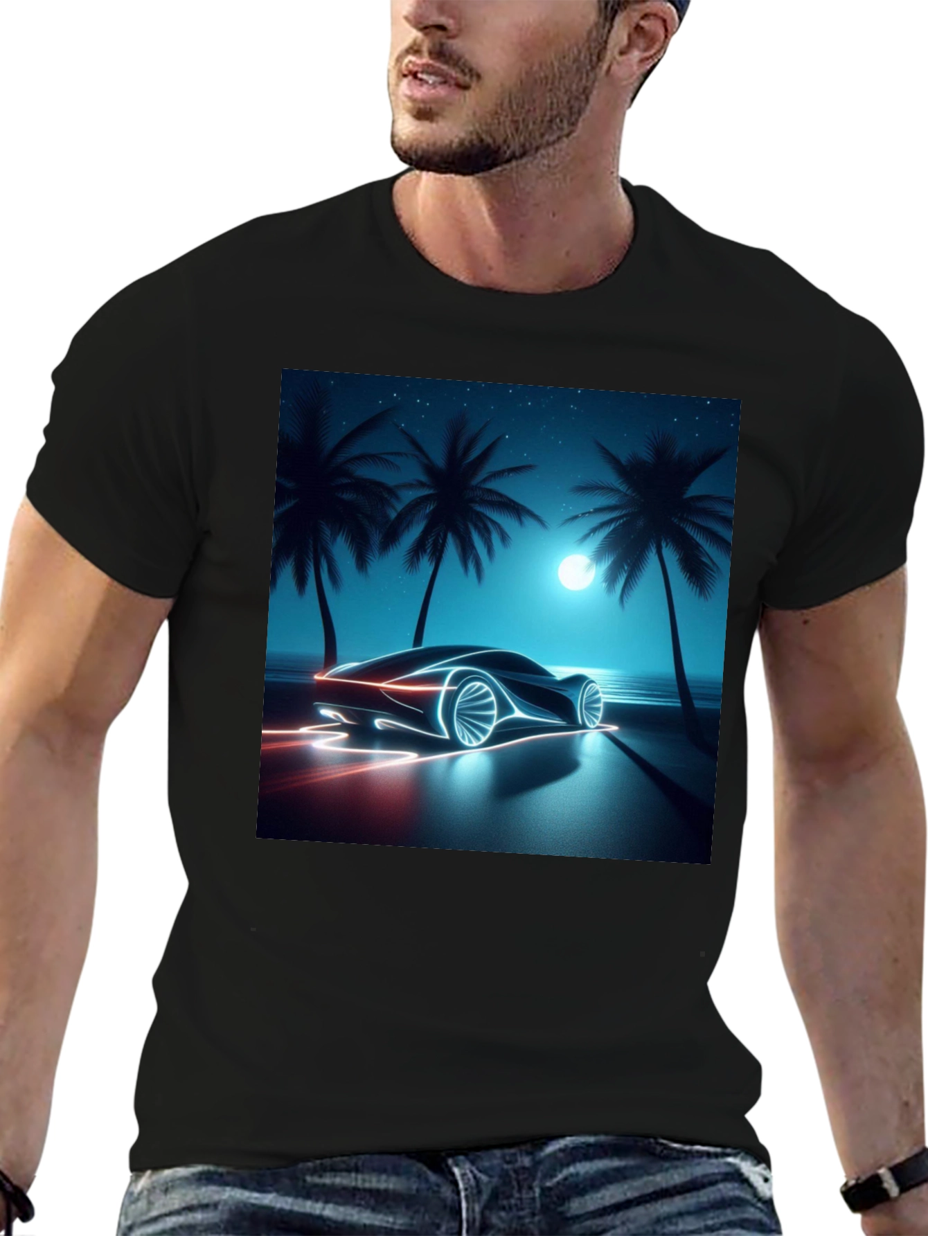 Neon Car Graphic Tee - Black Cotton T-Shirt