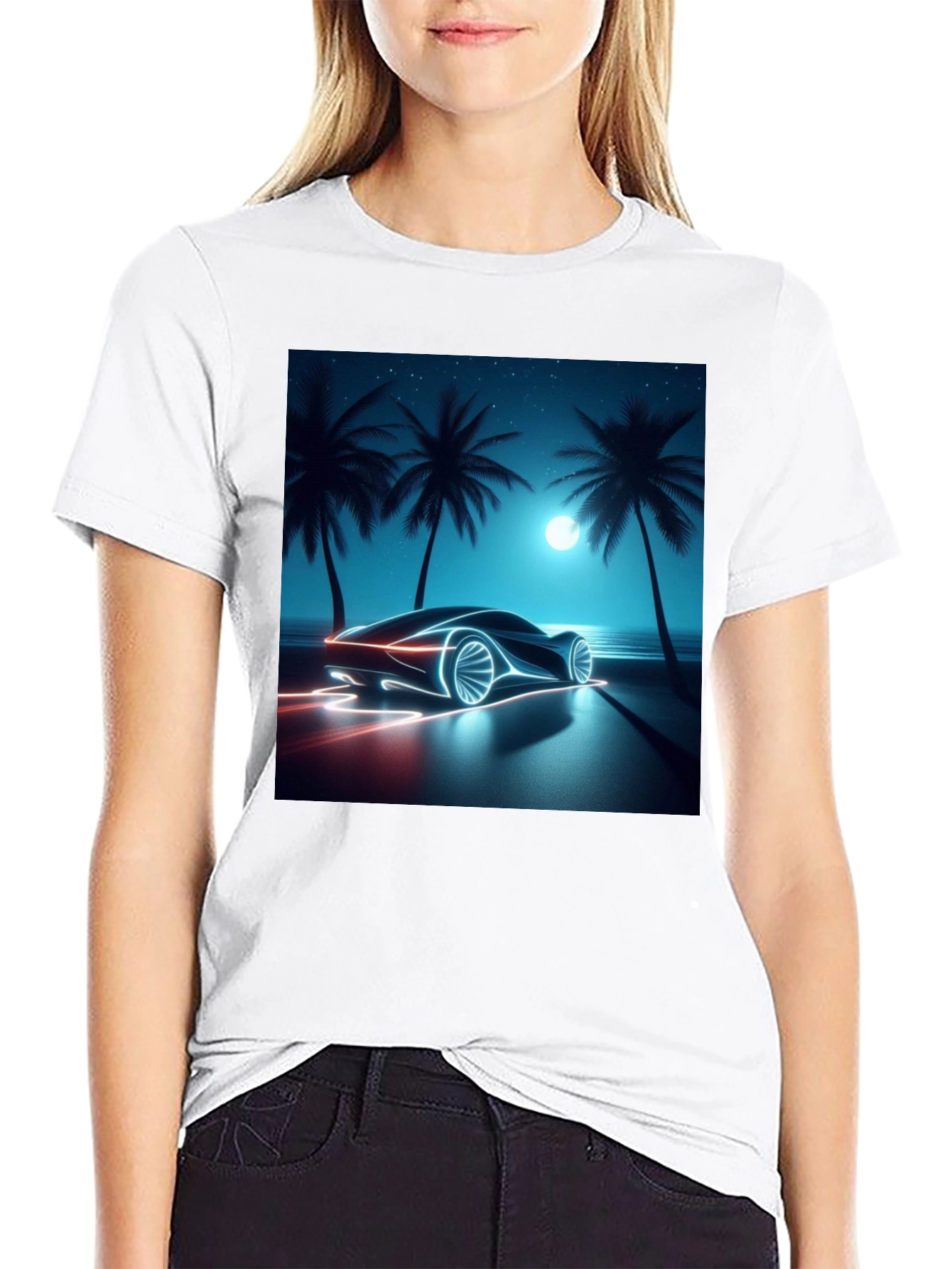 Neon Car Graphic Tee - Black Cotton T-Shirt