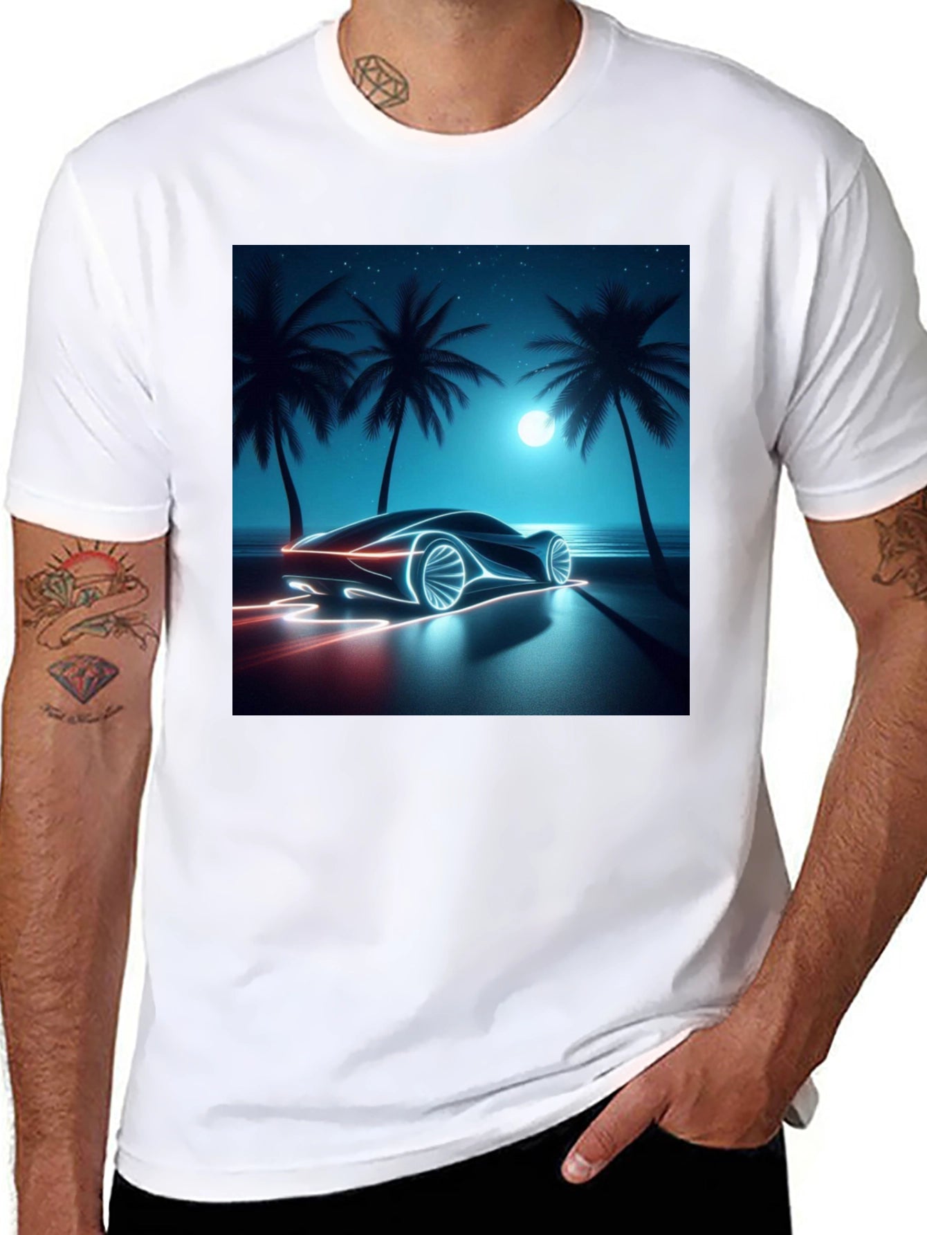 Neon Car Graphic Tee - Black Cotton T-Shirt