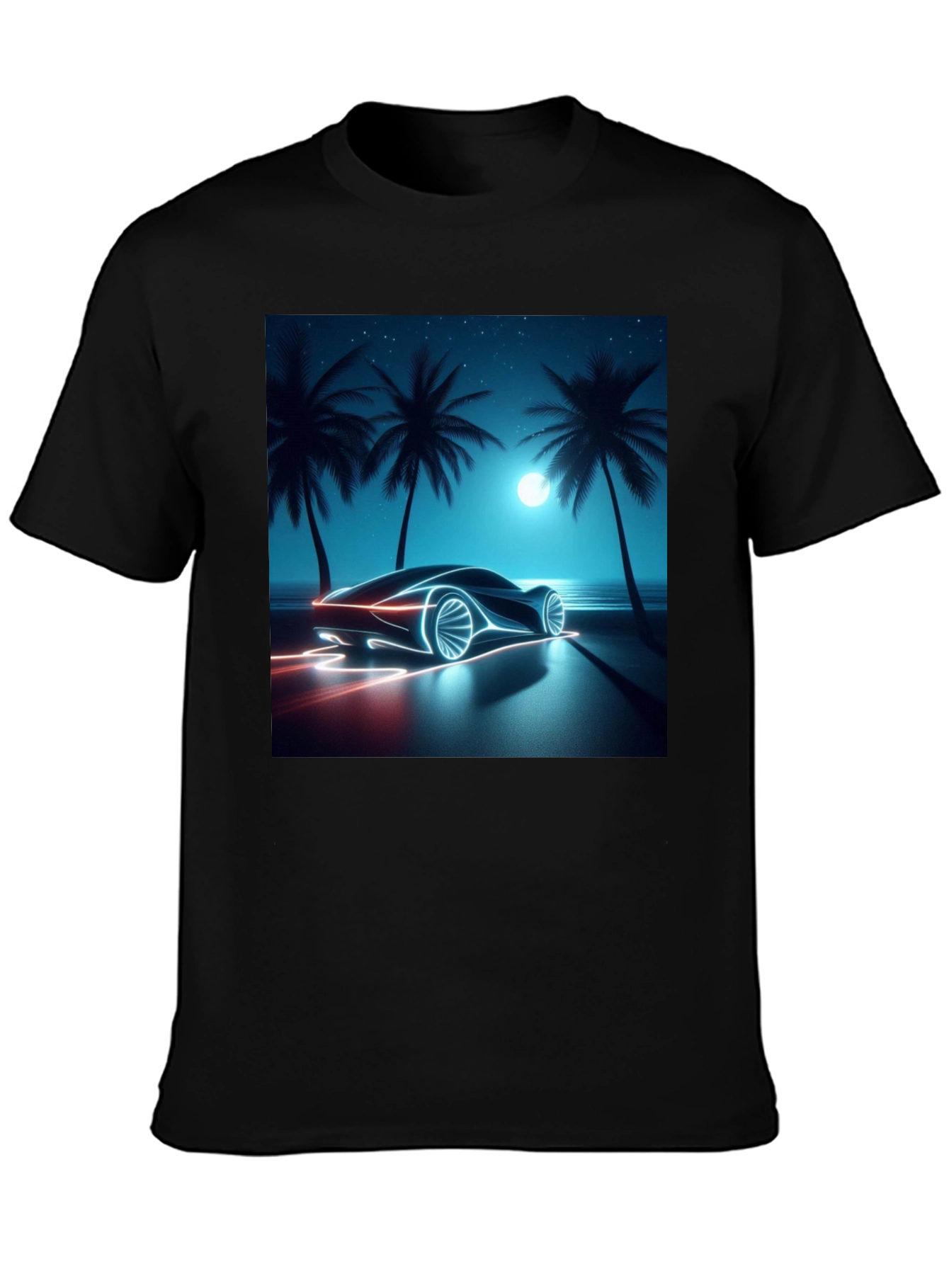 Neon Car Graphic Tee - Black Cotton T-Shirt