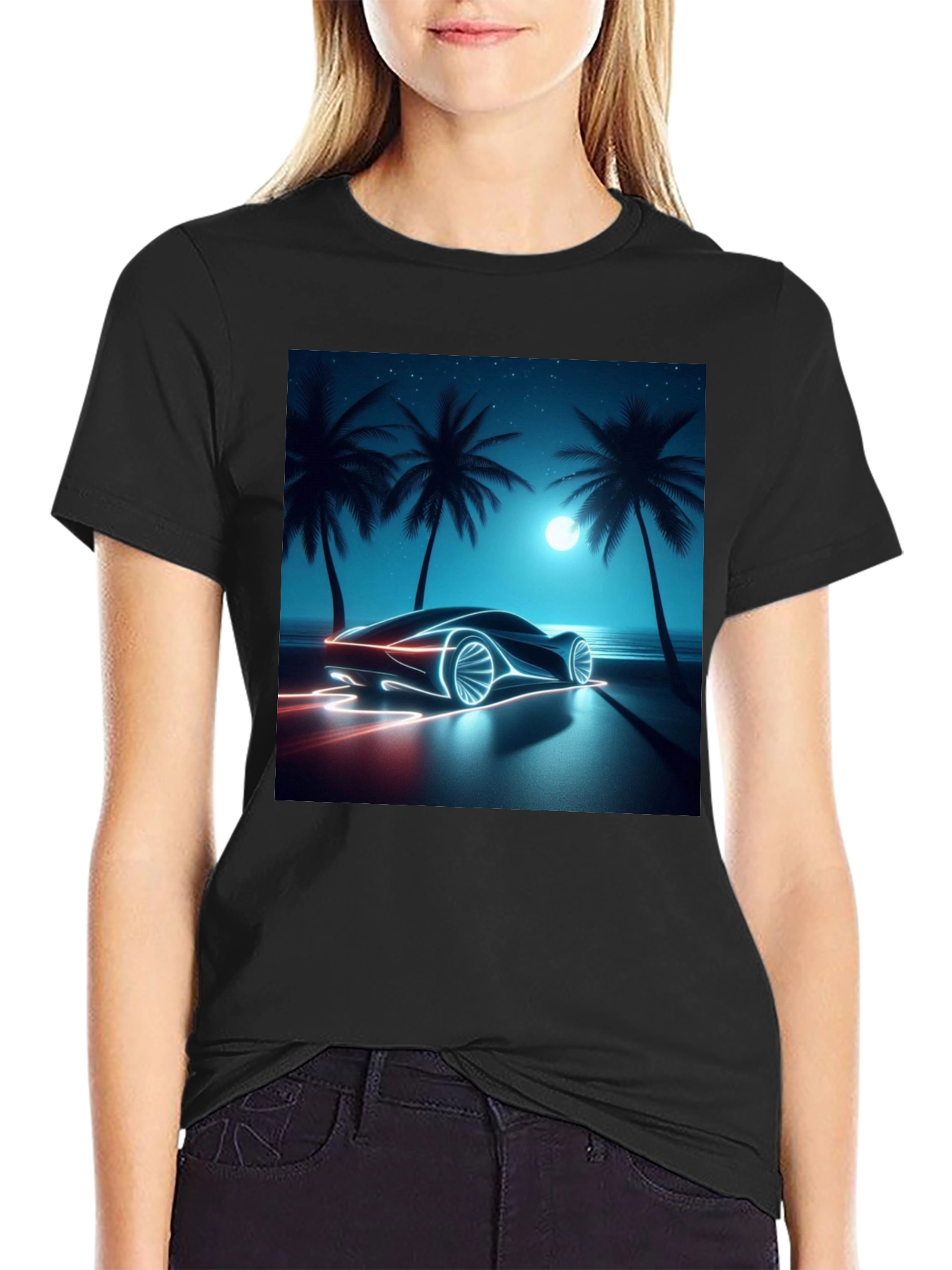 Neon Car Graphic Tee - Black Cotton T-Shirt
