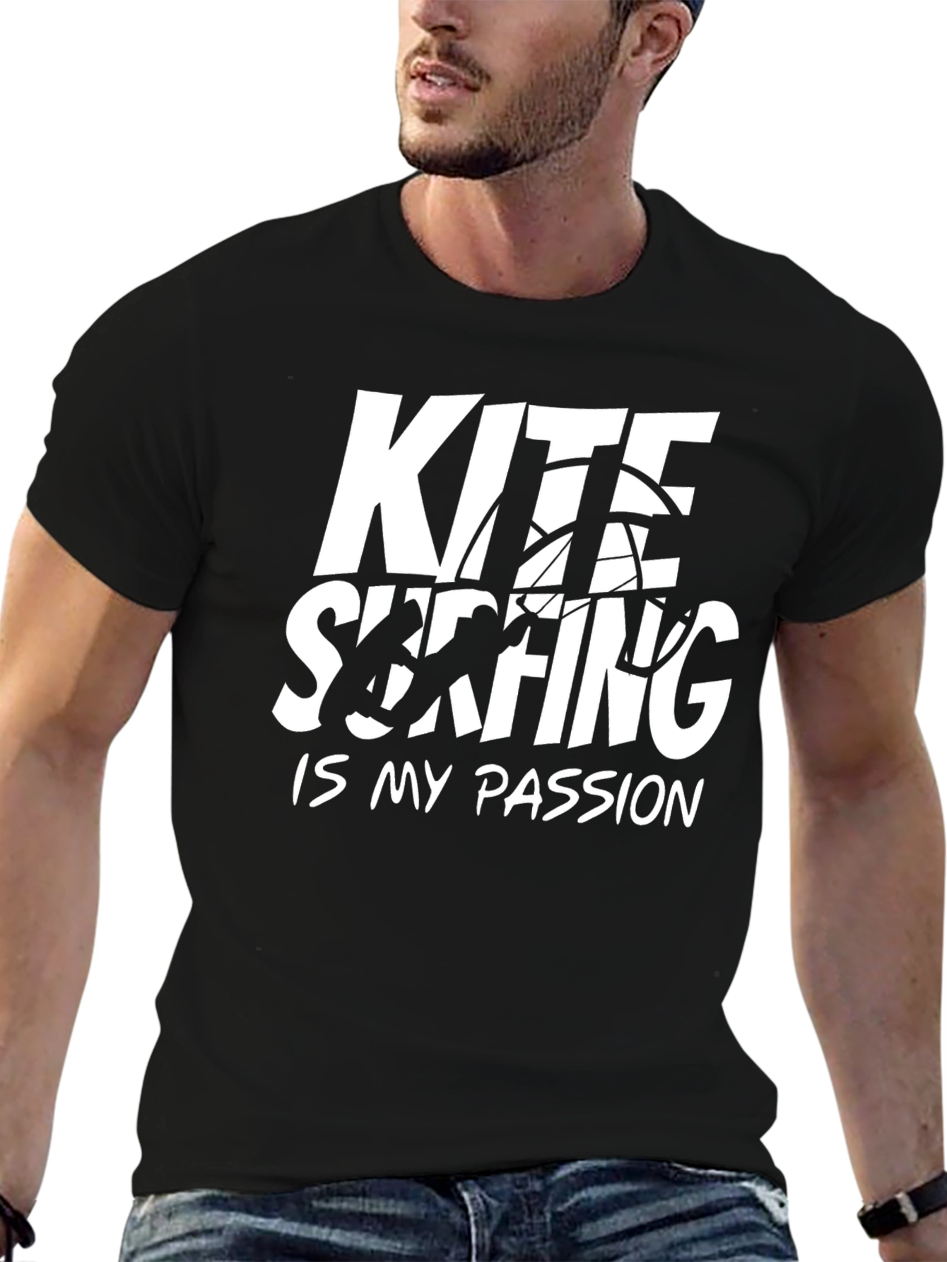 Kite Surfing Passion Tee - Black Cotton T-Shirt