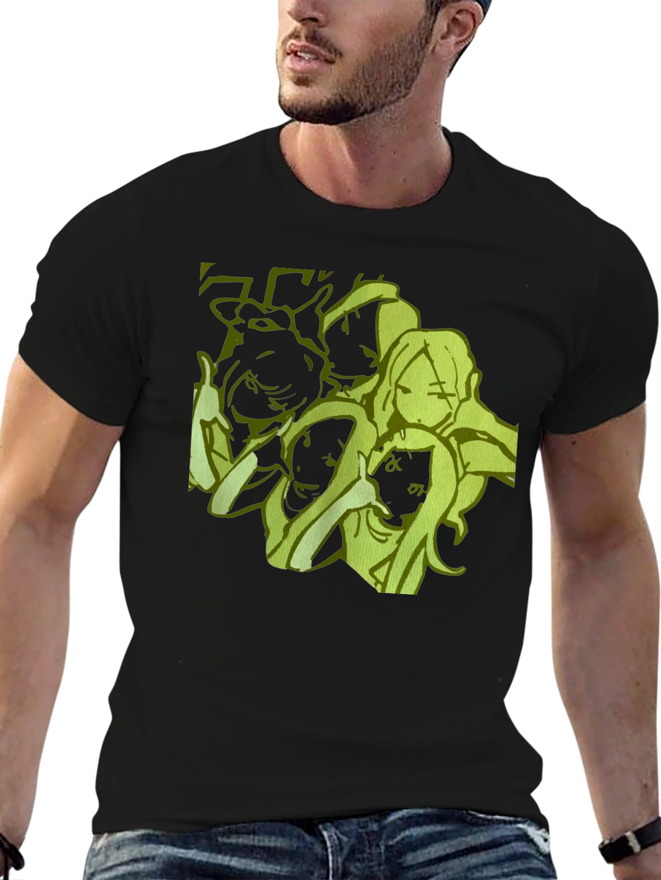 Anime Girls Graphic Tee - Black Cotton Casual T-Shirt